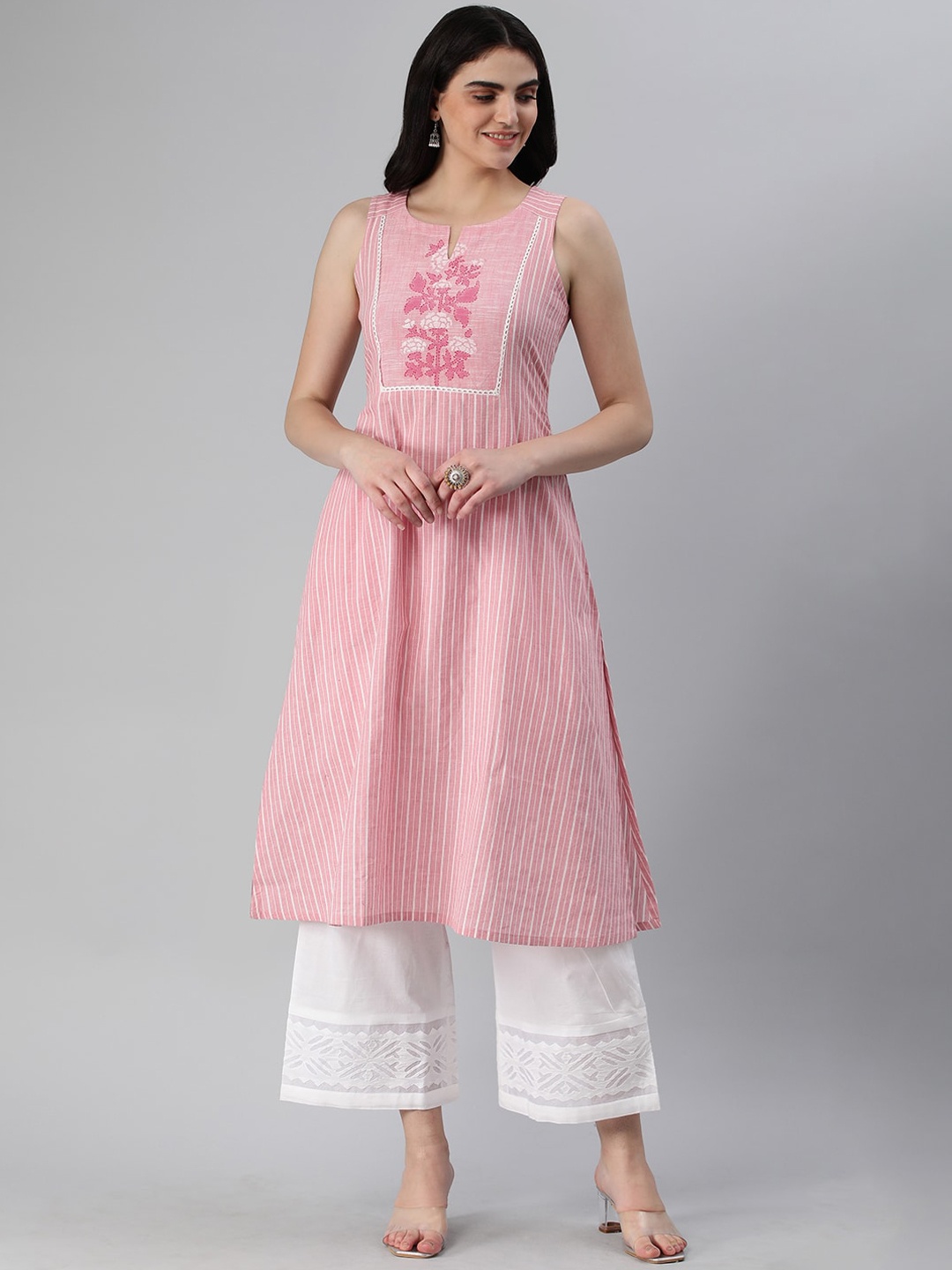 

KAMI KUBI Striped Cotton A-line Sleeveless Kurta, Pink