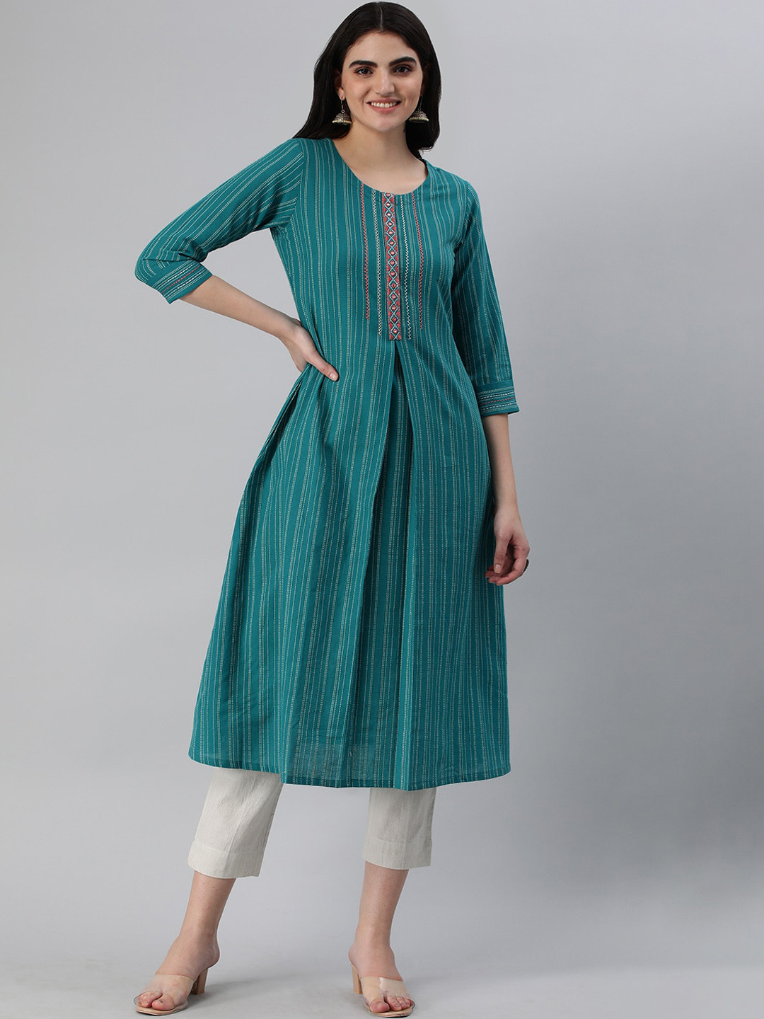 

KAMI KUBI Striped Pleated Pure Cotton A-Line Kurta, Blue