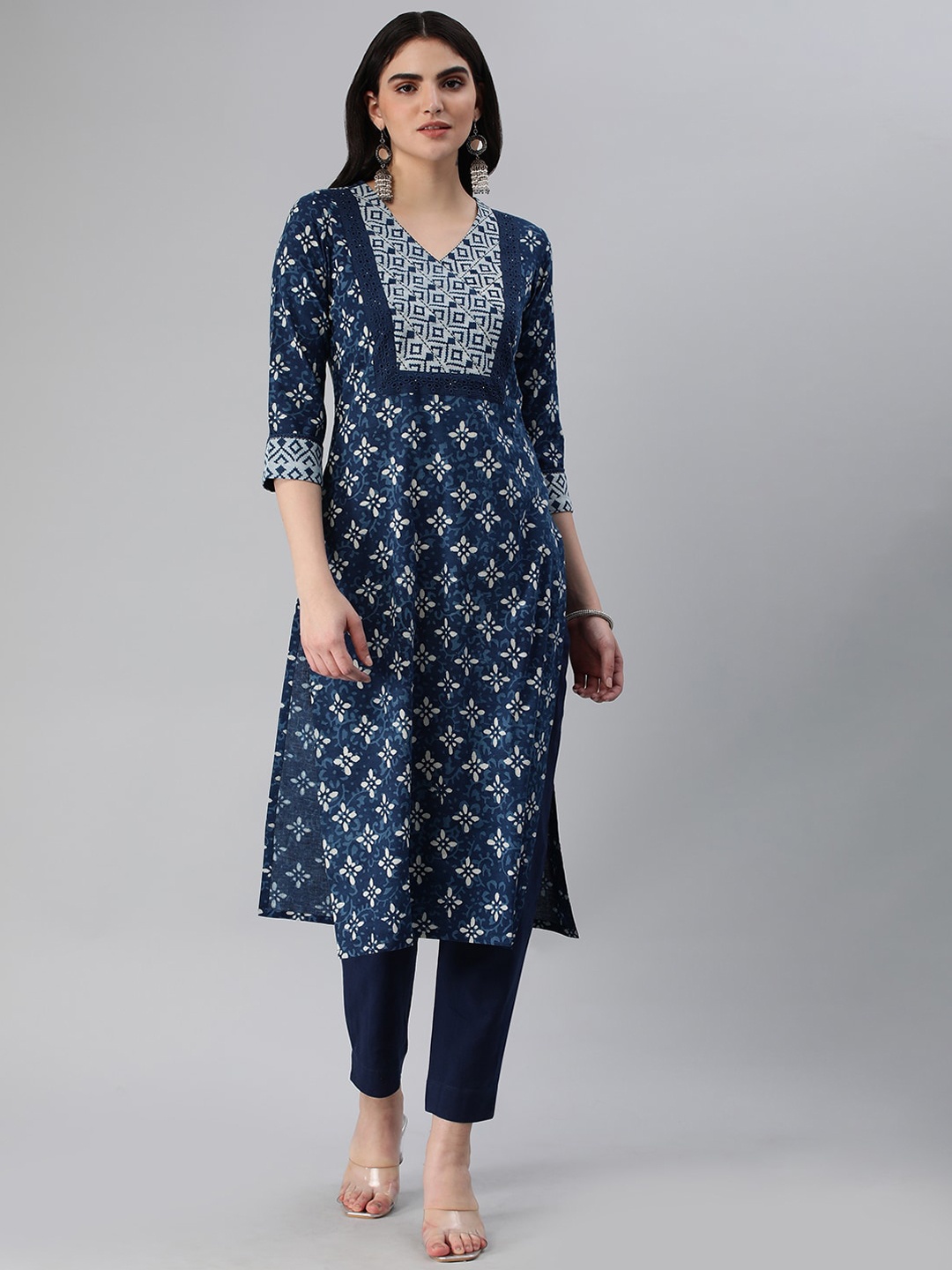 

KAMI KUBI Floral Printed Pure Cotton Kurta, Blue