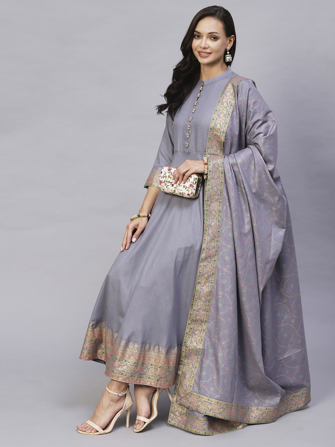 

KALINI Mandarin Collar Ethnic Motifs Printed Anarkali Kurta with Trousers & Dupatta, Grey