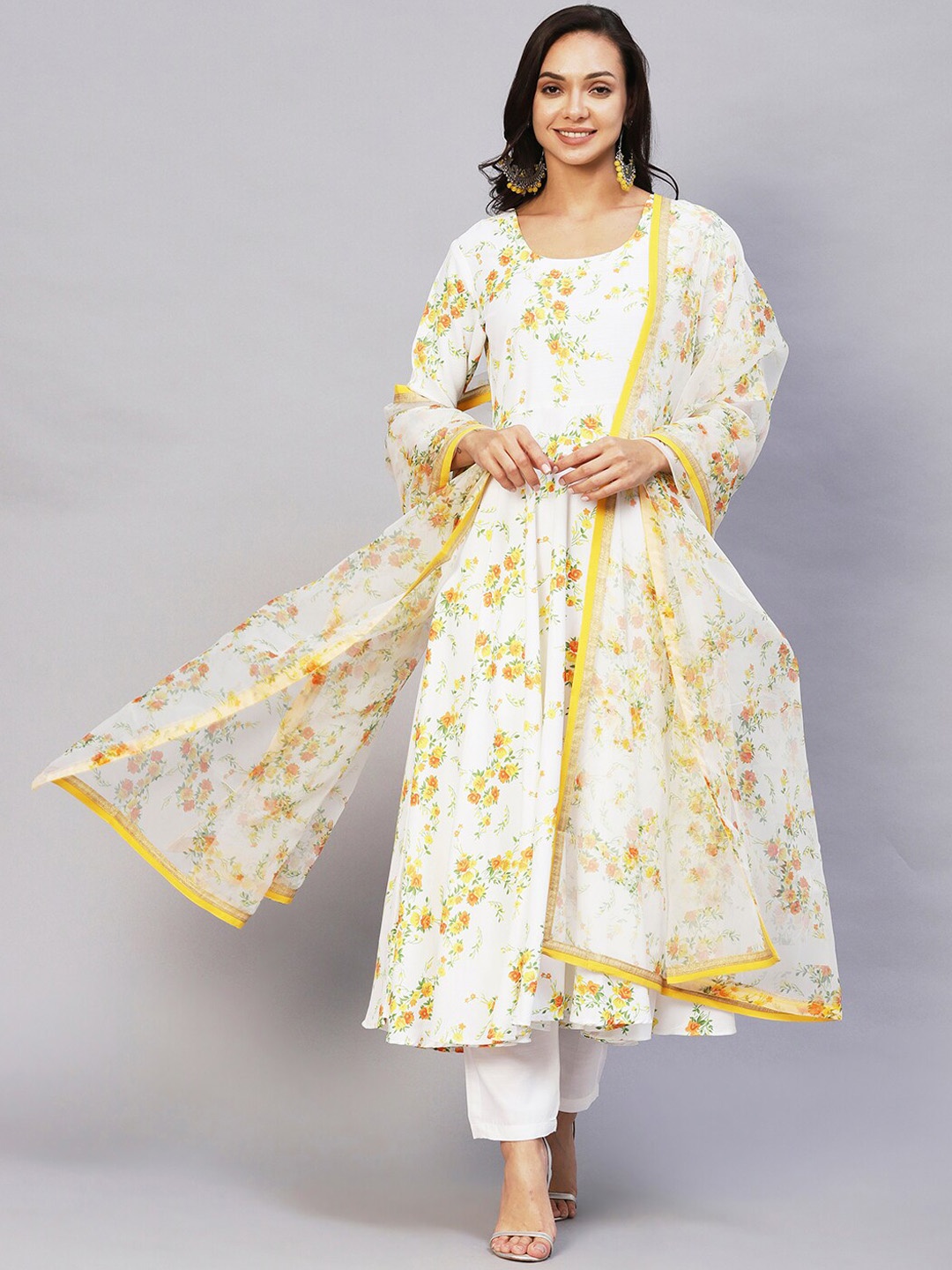 

KALINI Floral Printed Anarkali Kurta with Trousers & Dupatta, White