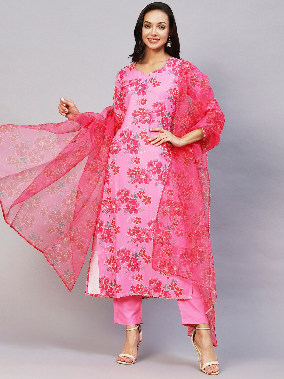 

KALINI Floral Printed Kurta With Trousers & Dupatta, Pink