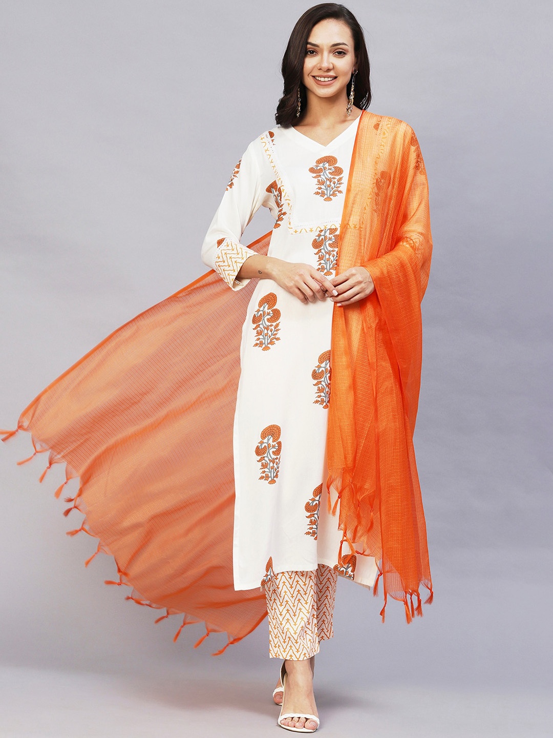 

KALINI Floral Printed Kurta With Trousers & Dupatta, Orange