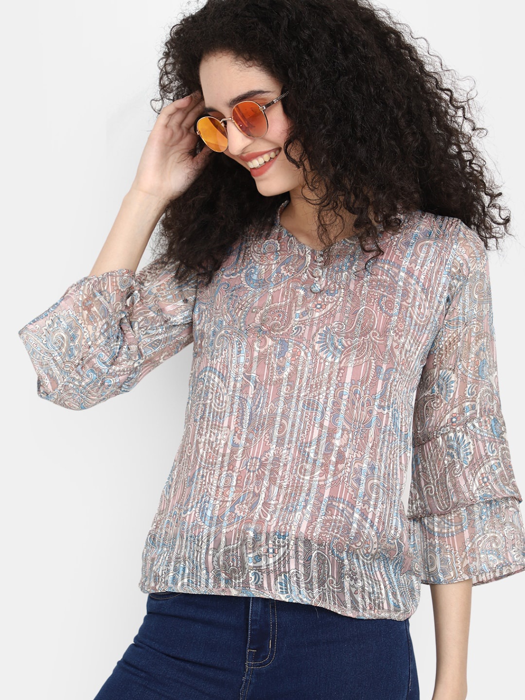 

V-Mart Ethnic Motif Printed Mandarin Collar Cotton Top, Pink