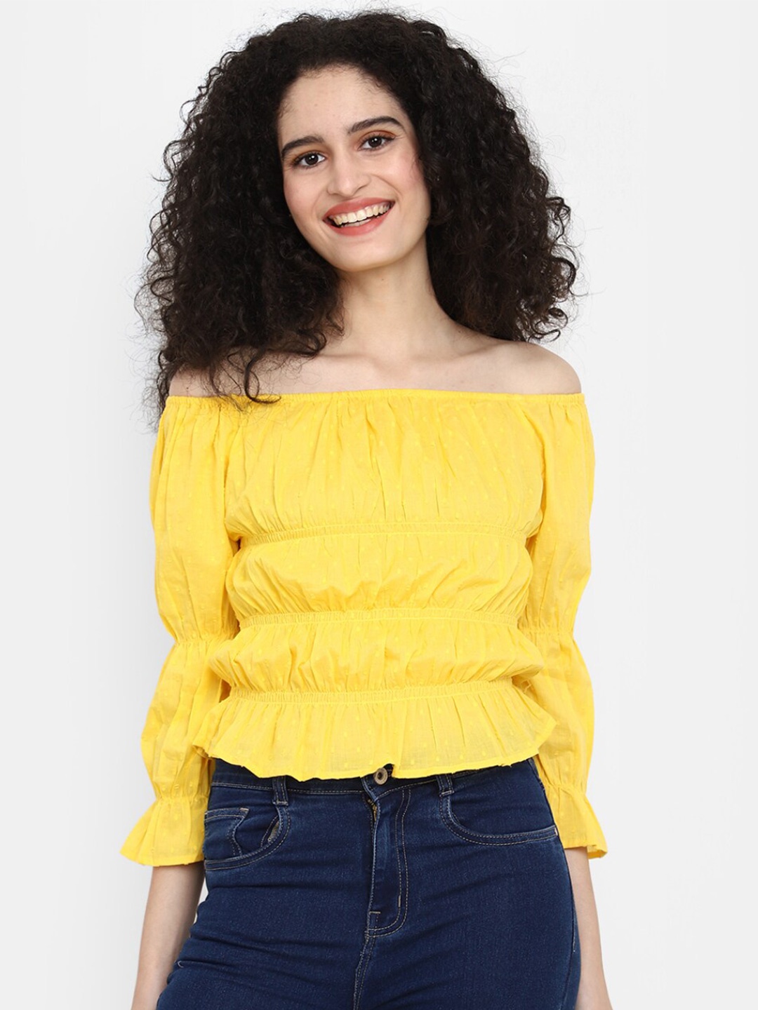 

V-Mart Yellow Off-Shoulder Cotton Puff Sleeves Cinched Waist Top