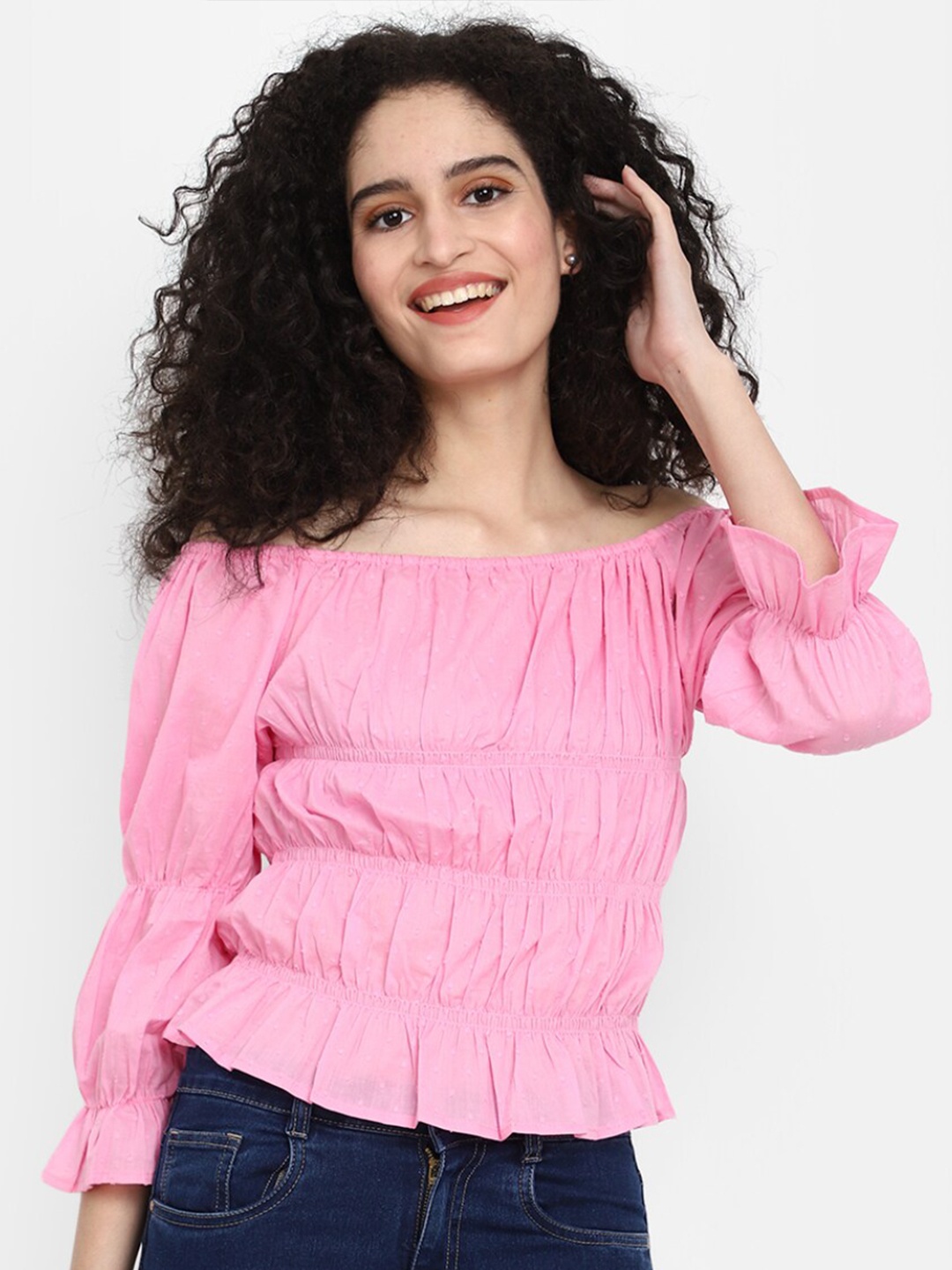 

V-Mart Self Design Off-Shoulder Puff Sleeves Cotton Bardot Top, Pink