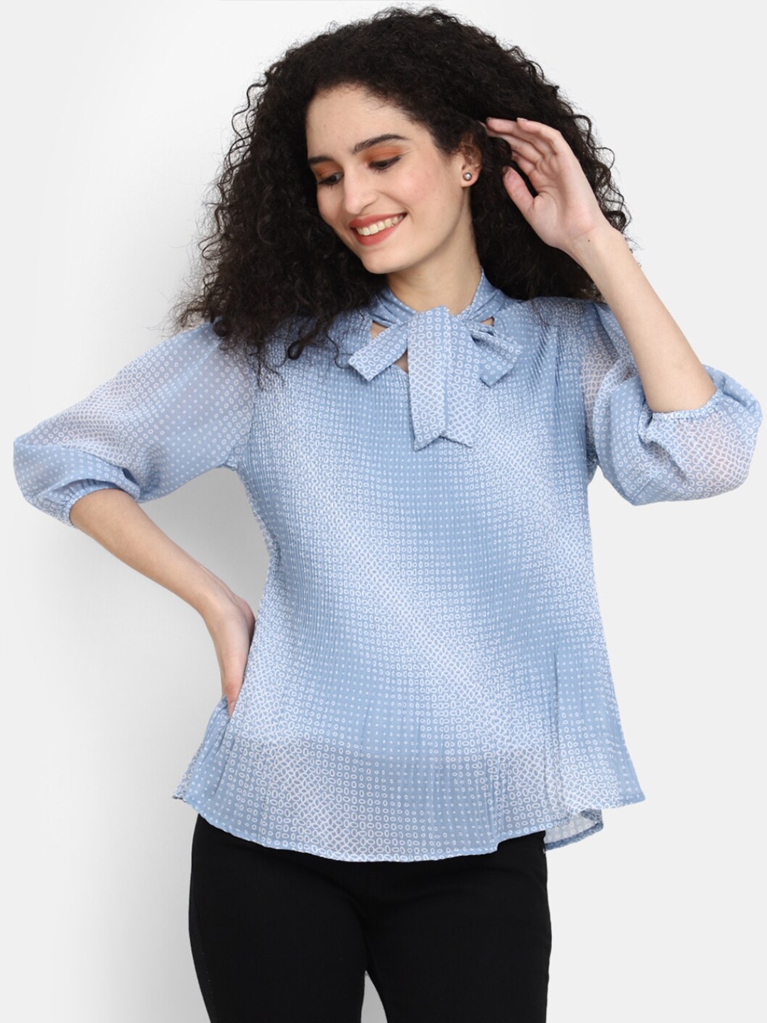 

V-Mart Geometric Printed Tie-Up Neck Georgette Top, Blue