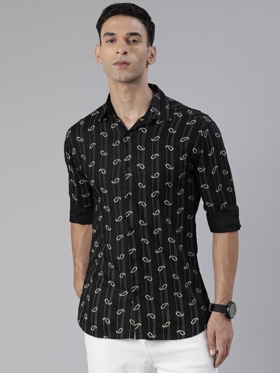 

Joven Slim Fit Striped Spread Collar Casual Shirt, Black