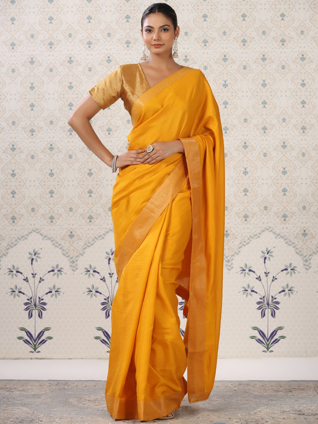 

Ode by House of Pataudi Yellow & Gold-Toned Zari Banarasi Saree