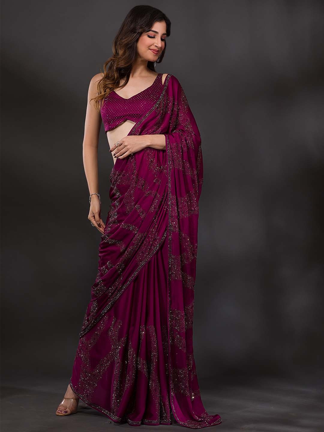 

Koskii Embellished Stones Work Poly Crepe Saree With Blouse Piece, Maroon