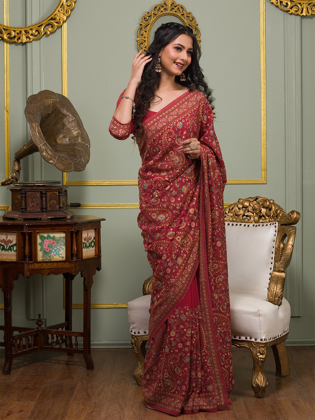 

Koskii Ethnic Motifs Embroidered Poly Georgette Saree With Blouse Piece, Pink