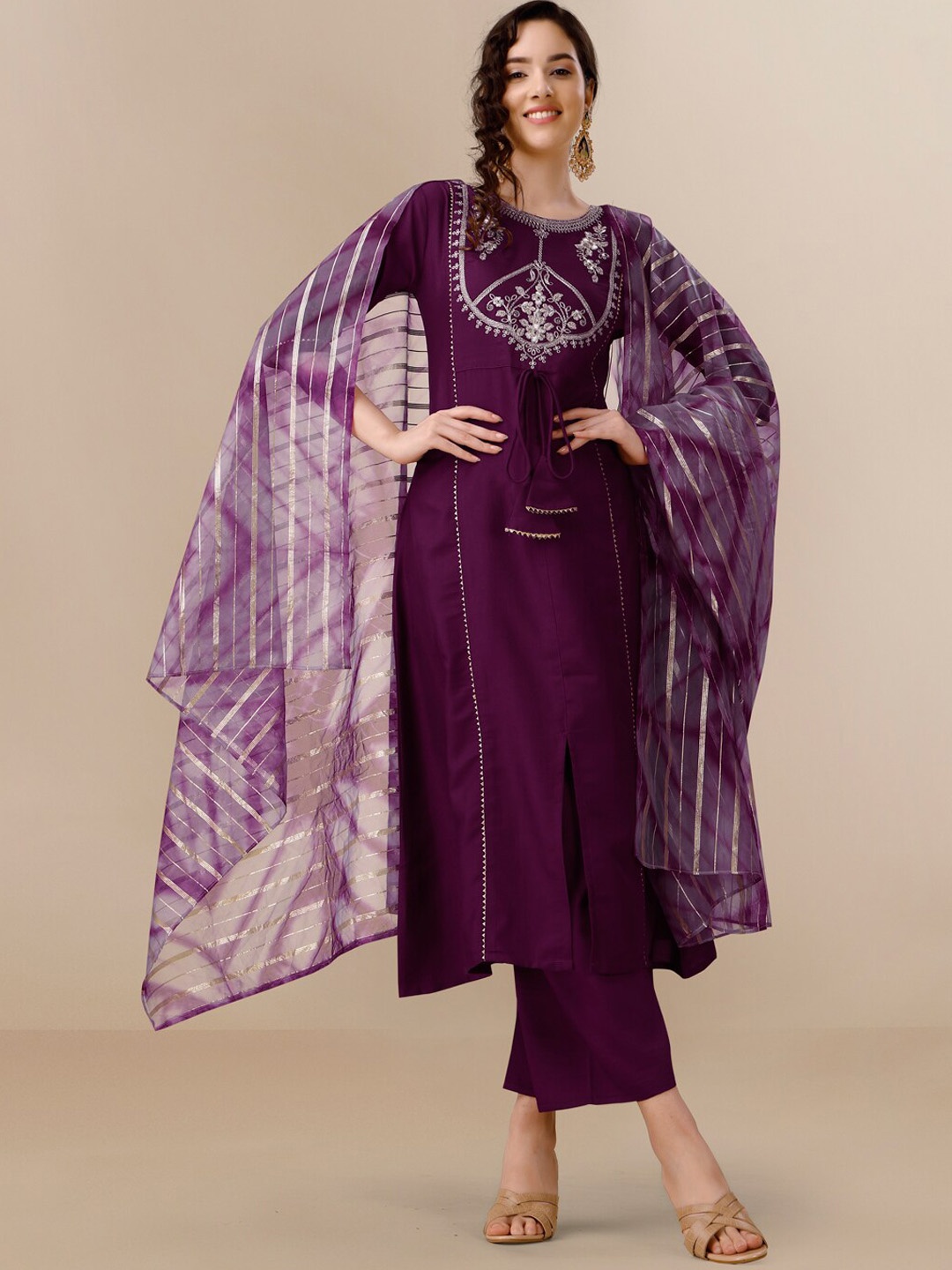 

KALINI Floral Yoke Design A-Line Kurta With Palazzos & Dupatta, Purple