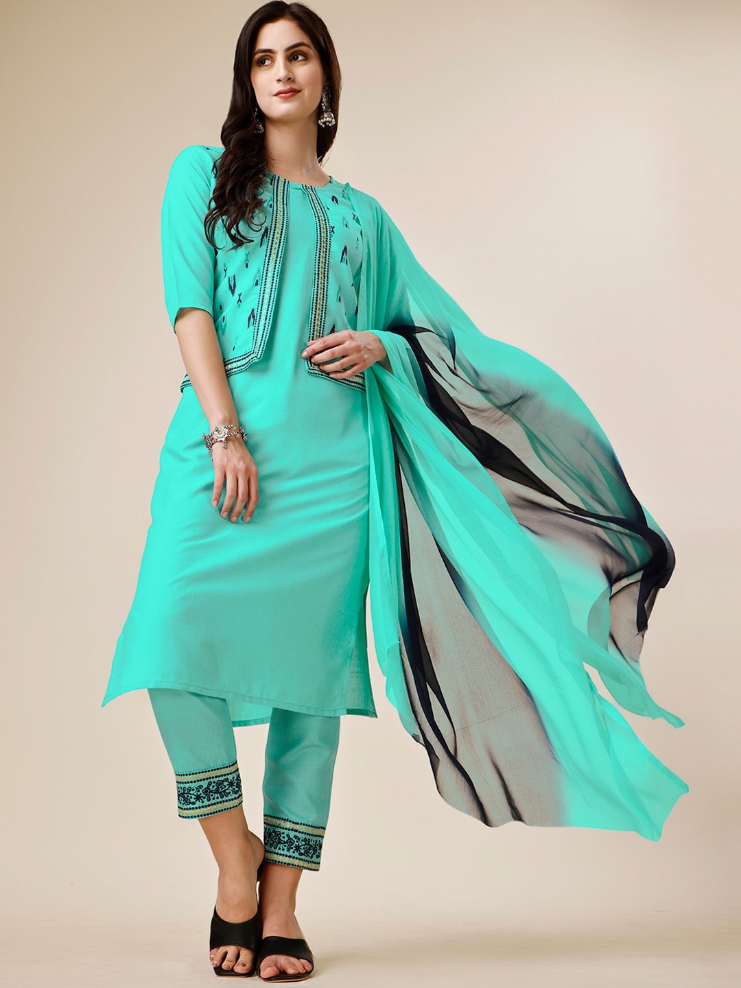 

KALINI Ikat Printed Thread Work Kurta With Trousers & Dupatta, Blue