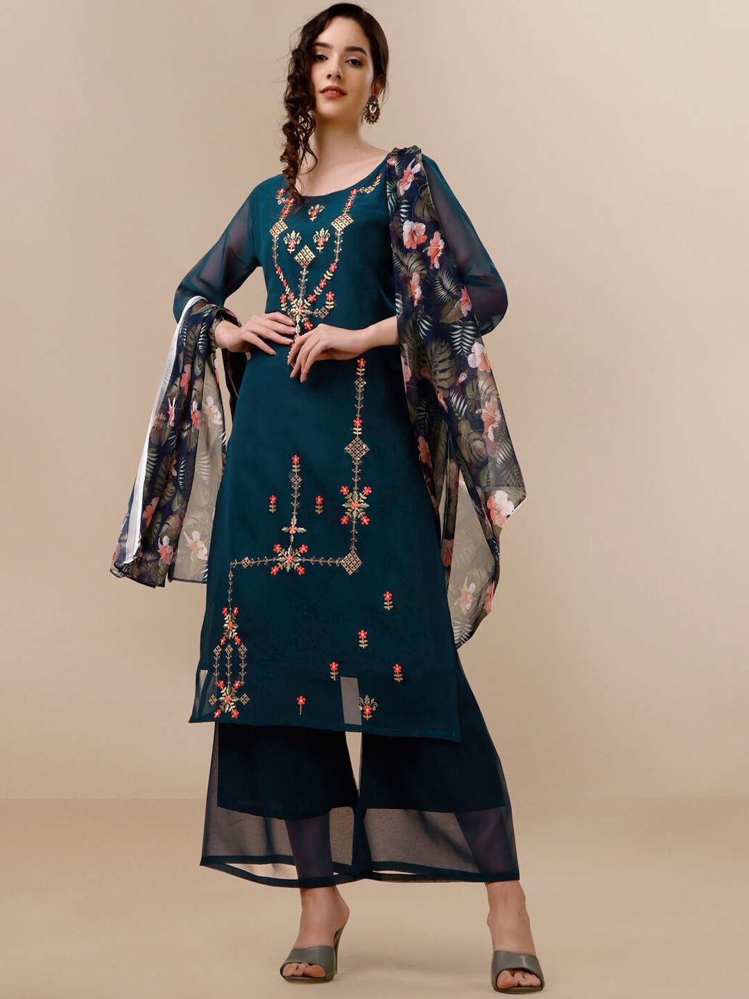 

KALINI Floral Embroidered Georgette Kurta With Palazzos & Dupatta, Teal