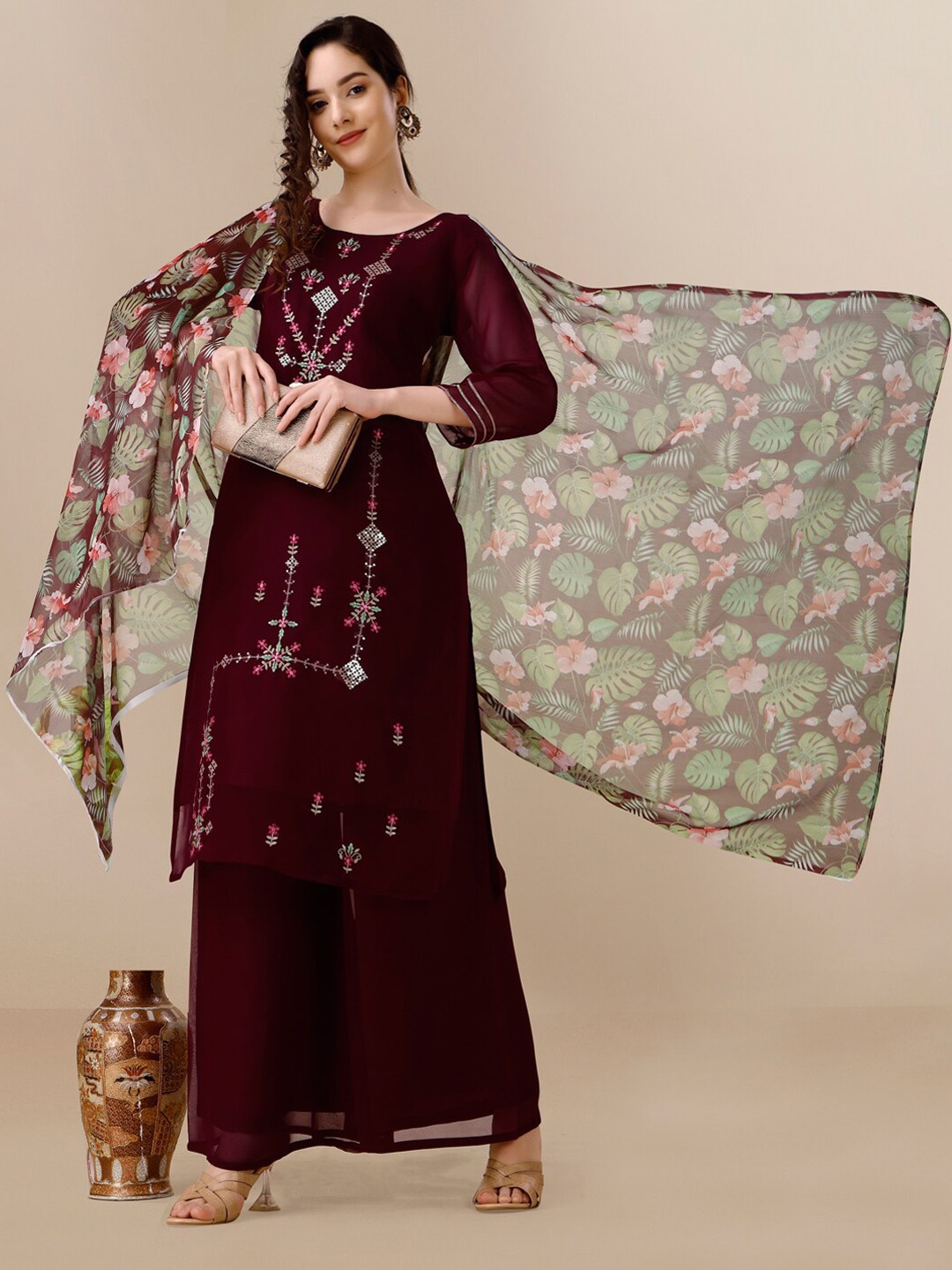 

KALINI Floral Embroidered Gotta Patti Kurta With Palazzos & Dupatta, Burgundy