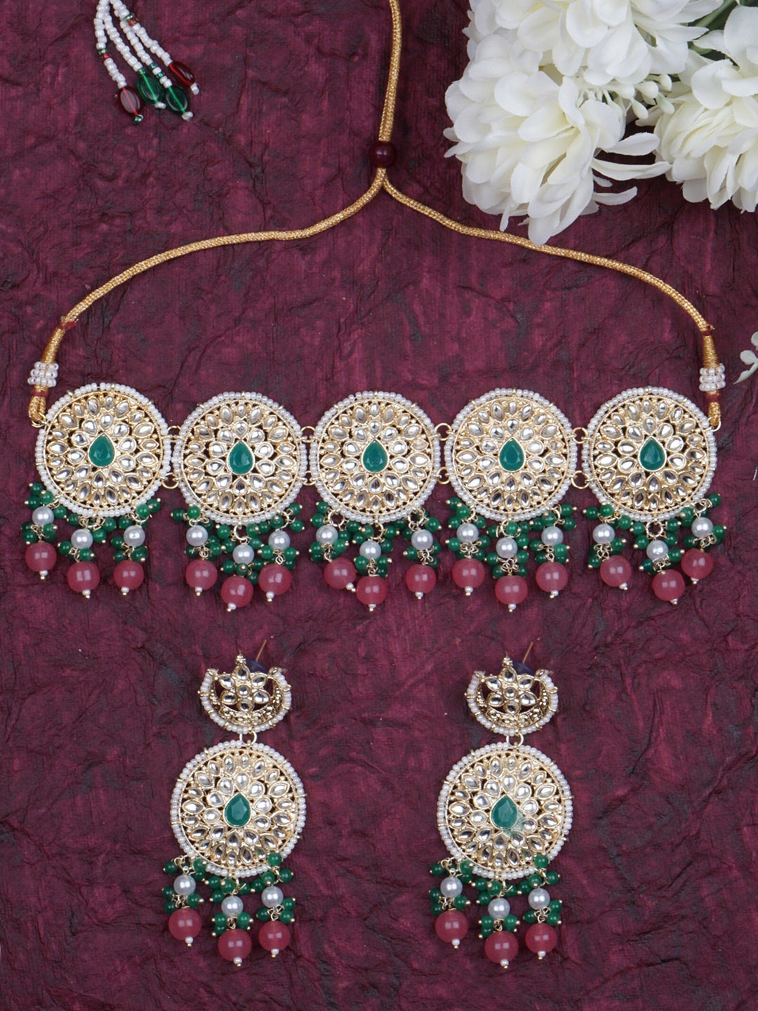 

Matushri Art Gold-Plated Kundan Studded Choker Necklace With Drop Earrings