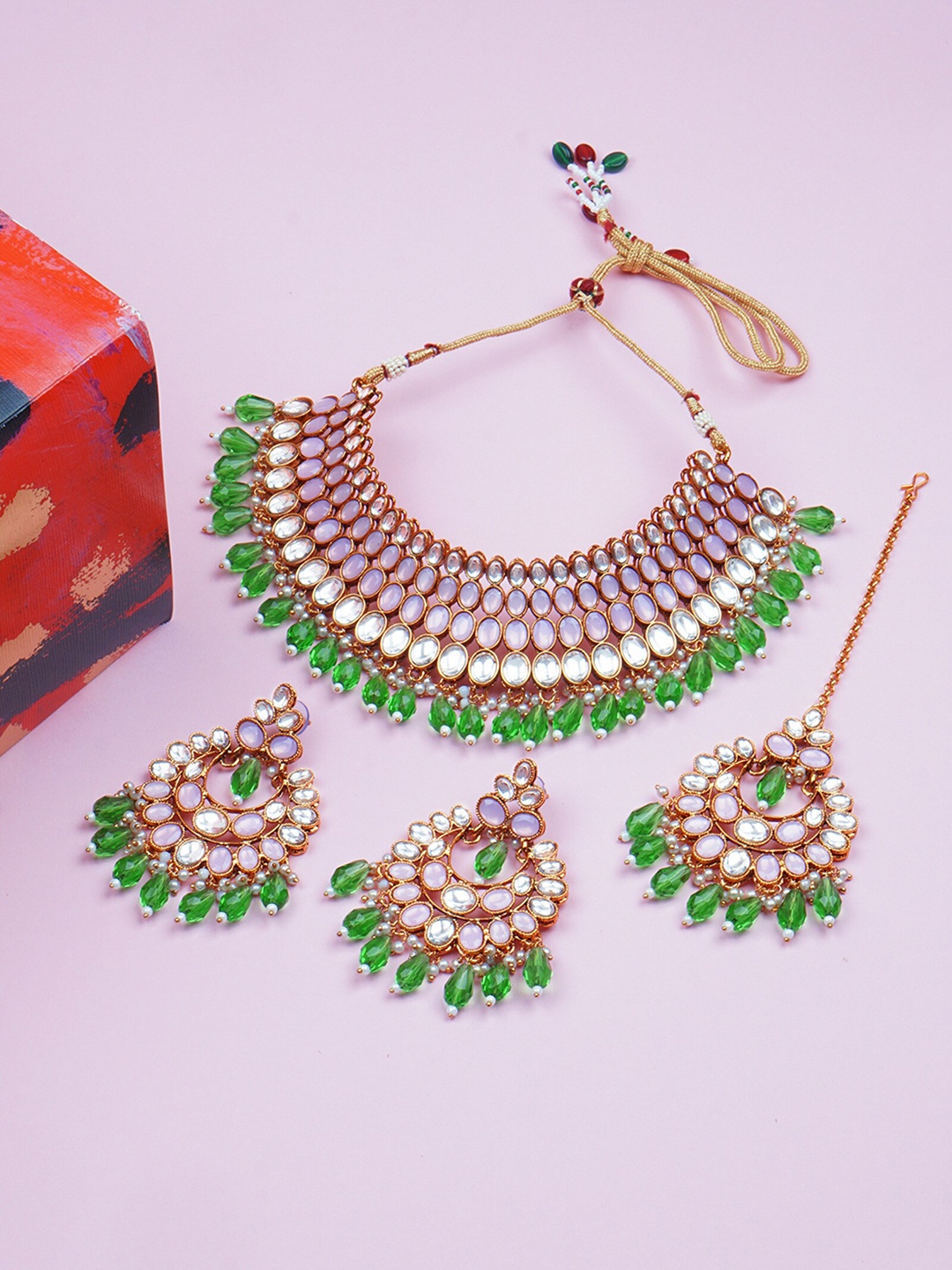 

Matushri Art Gold-Plated Studed Choker Necklace With Drop Earrings & Maang Tikka