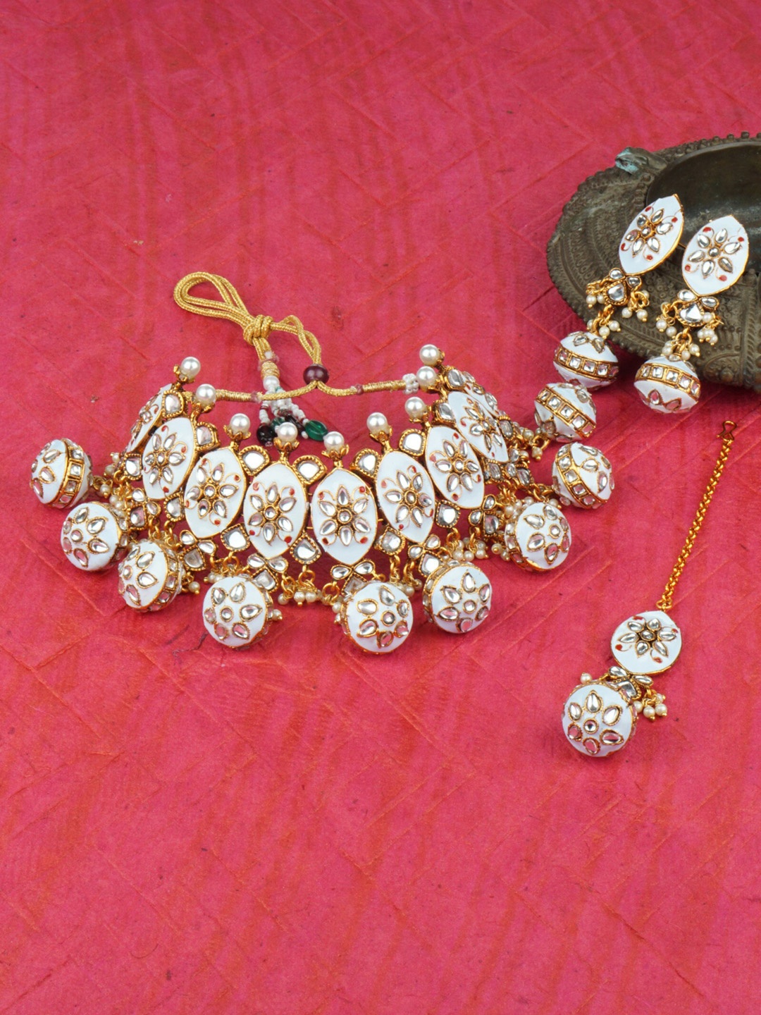 

Matushri Art Gold-Plated Kundan Studded & Beaded Enamelled Choker Jewellery Set