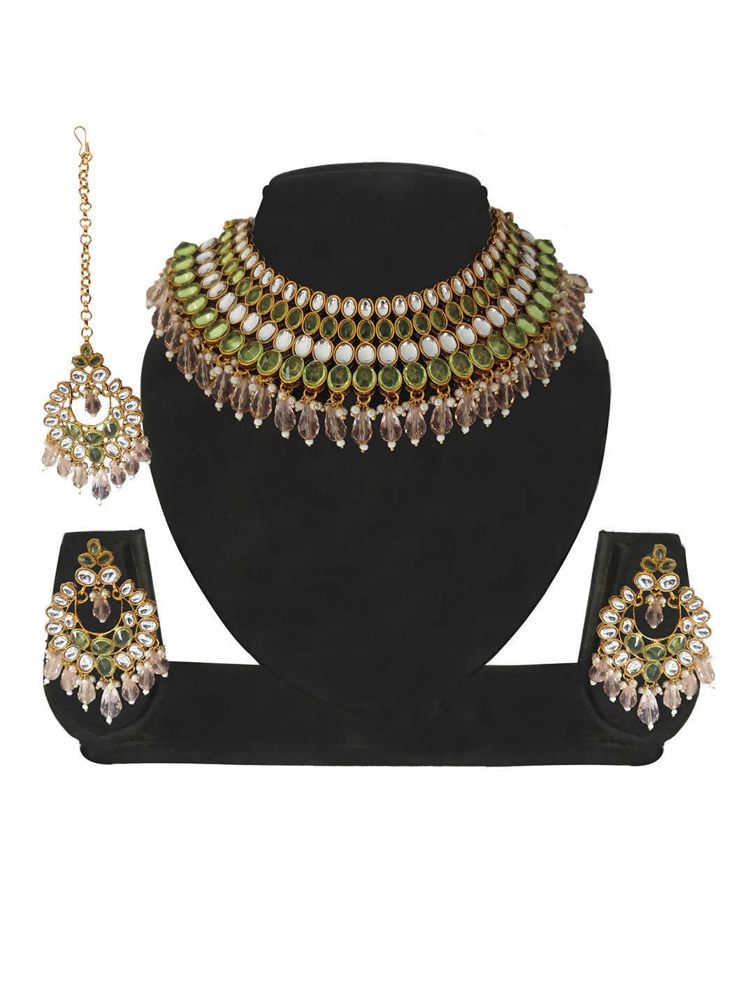 

Matushri Art Gold-Plated Kundan Studded & Beaded Choker Jewellery Set, Green