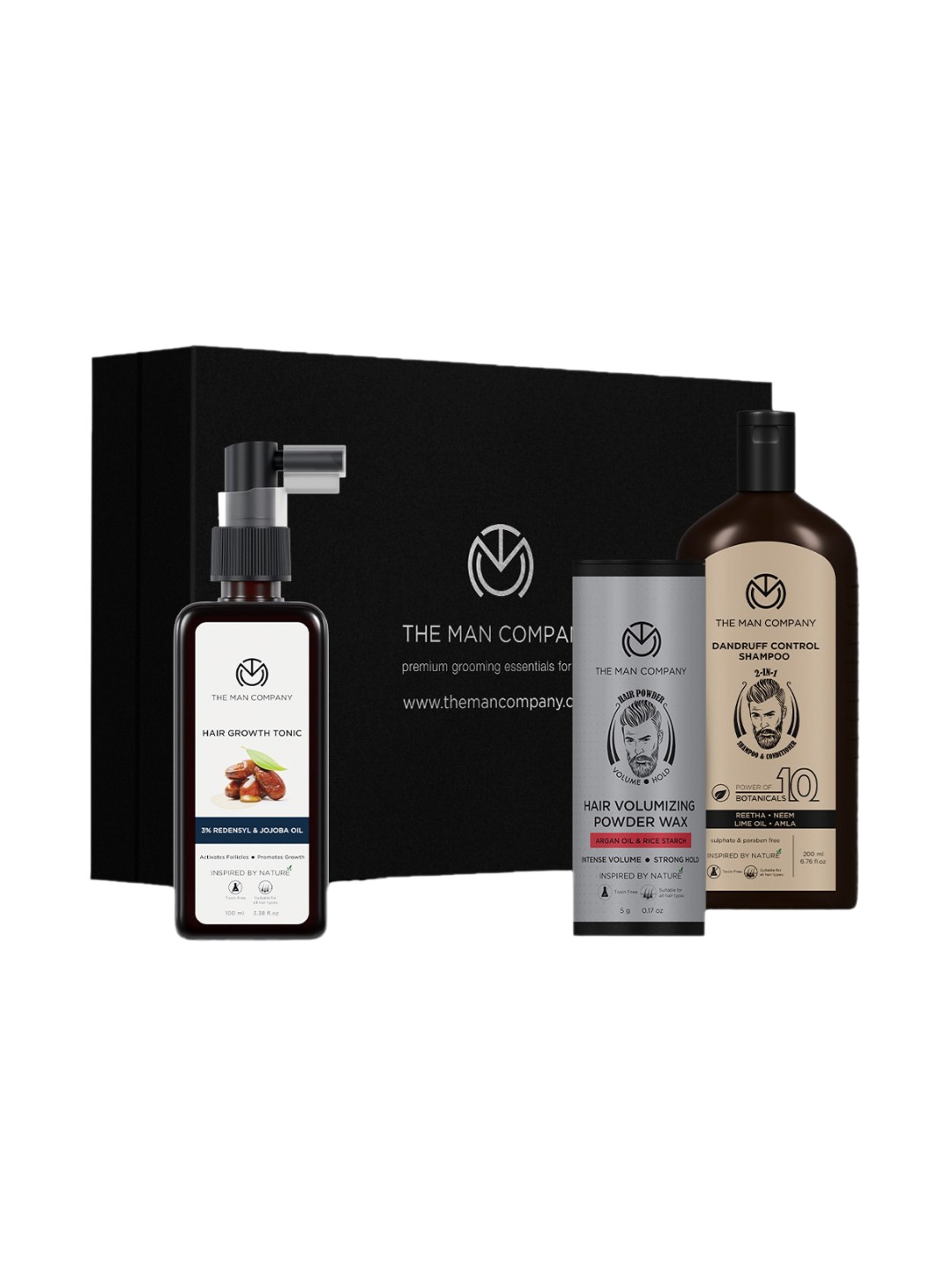

THE MAN COMPANY Set Of 3 Hair Care Kit - Hair Growth Tonic+Powder Wax+Shampoo, Black
