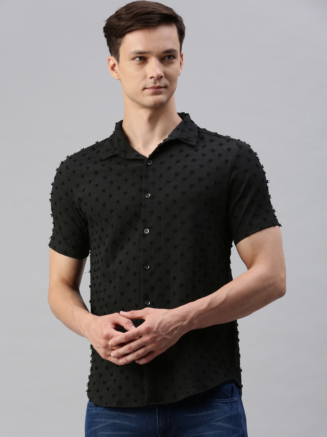 

Campus Sutra Crepe Classic Self Design Textured Casual Shirt, Black