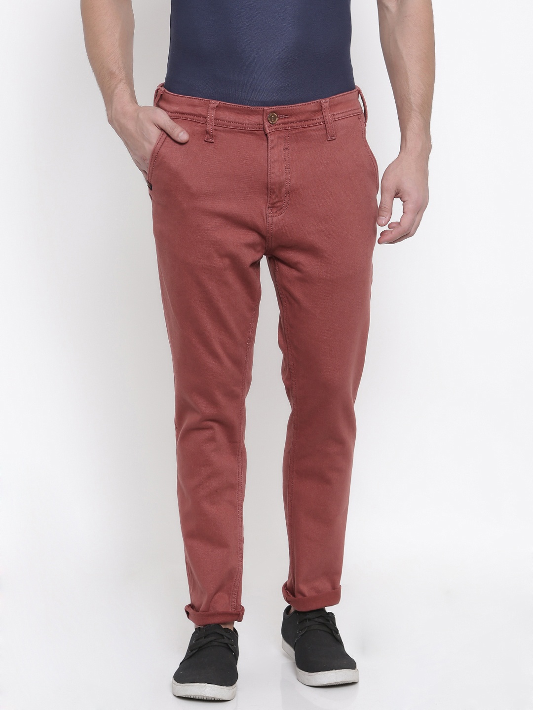 

LOCOMOTIVE Men Rust Red Cropped Fit Mid-Rise Clean Look Stretchable Jeans