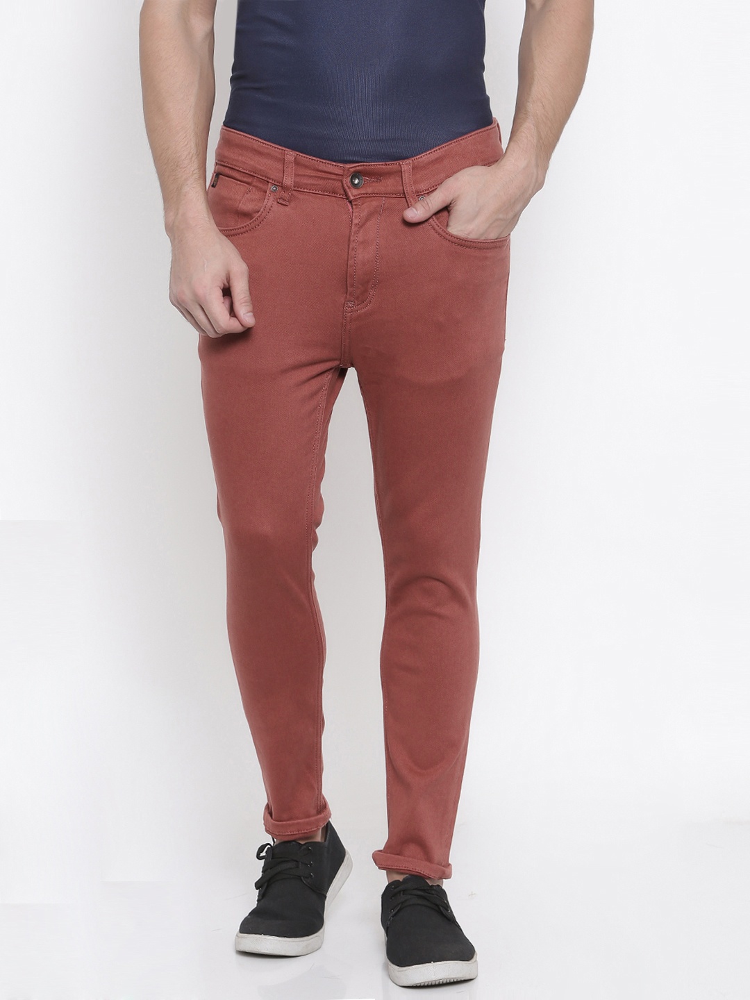 

LOCOMOTIVE Men Rust Red Cropped Skinny Fit Mid-Rise Clean Look Stretchable Jeans