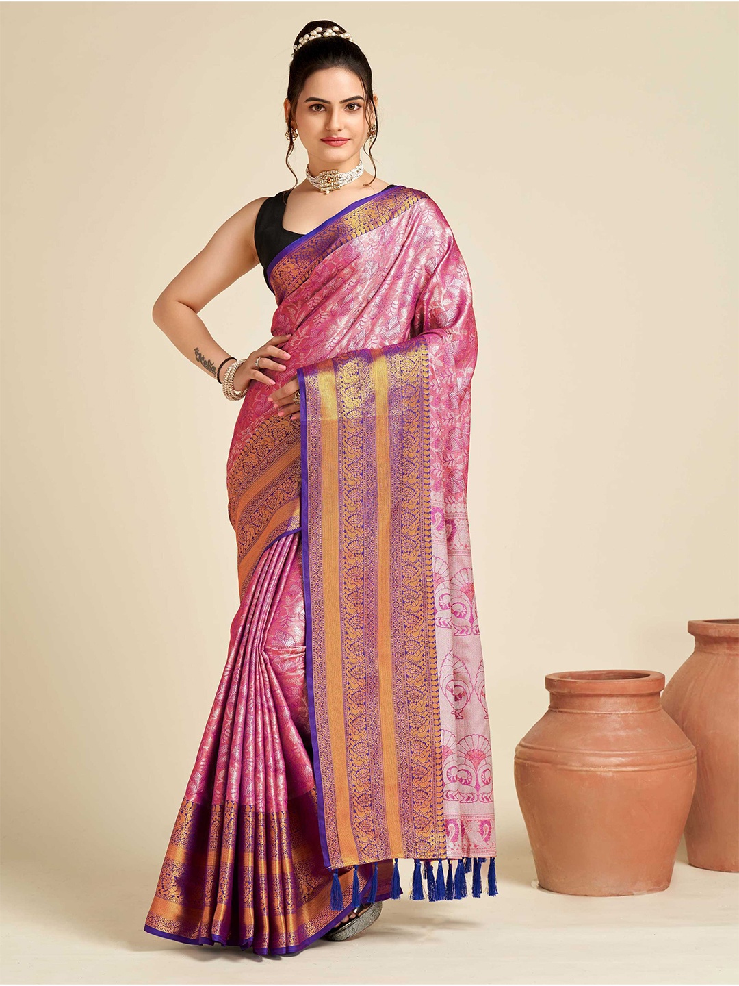 

Mitera Ethnic Motif Zari Tissue Banarasi Saree With Blouse Piece, Pink
