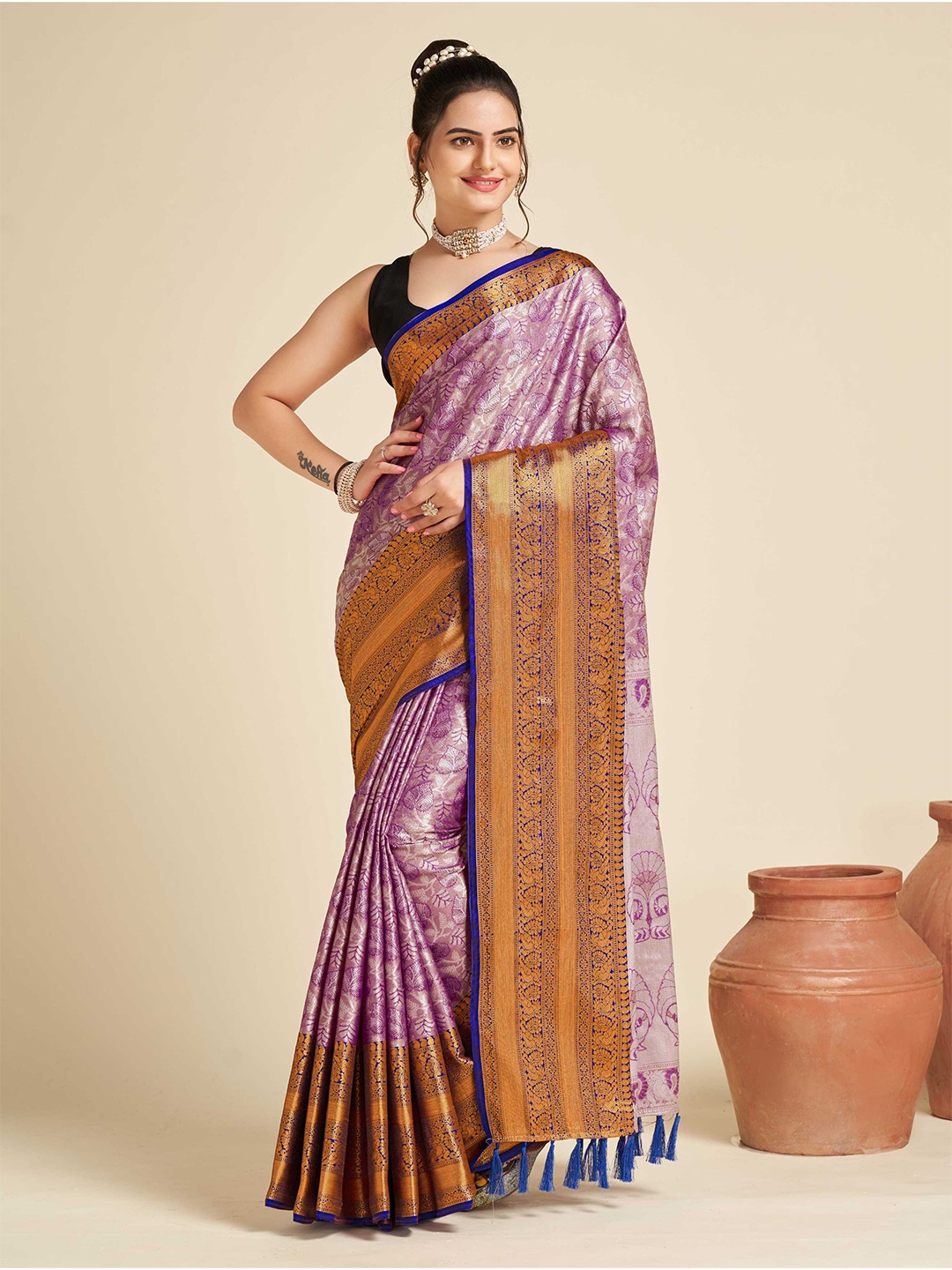 

Mitera Ethnic Motif Zari Tissue Banarasi Saree With Blouse Piece, Purple