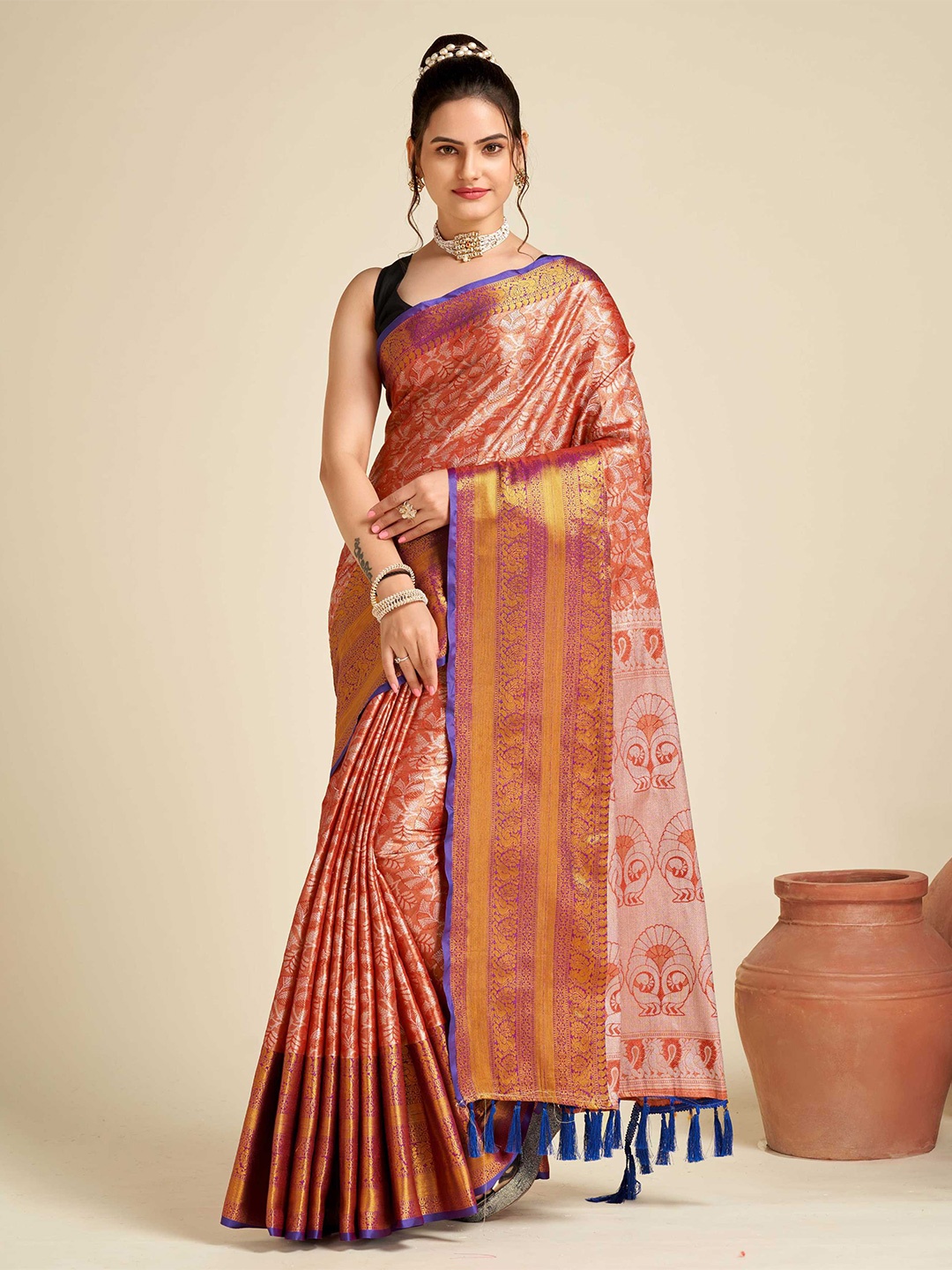 

Mitera Ethnic Motif Zari Tissue Banarasi Saree With Blouse Piece, Orange