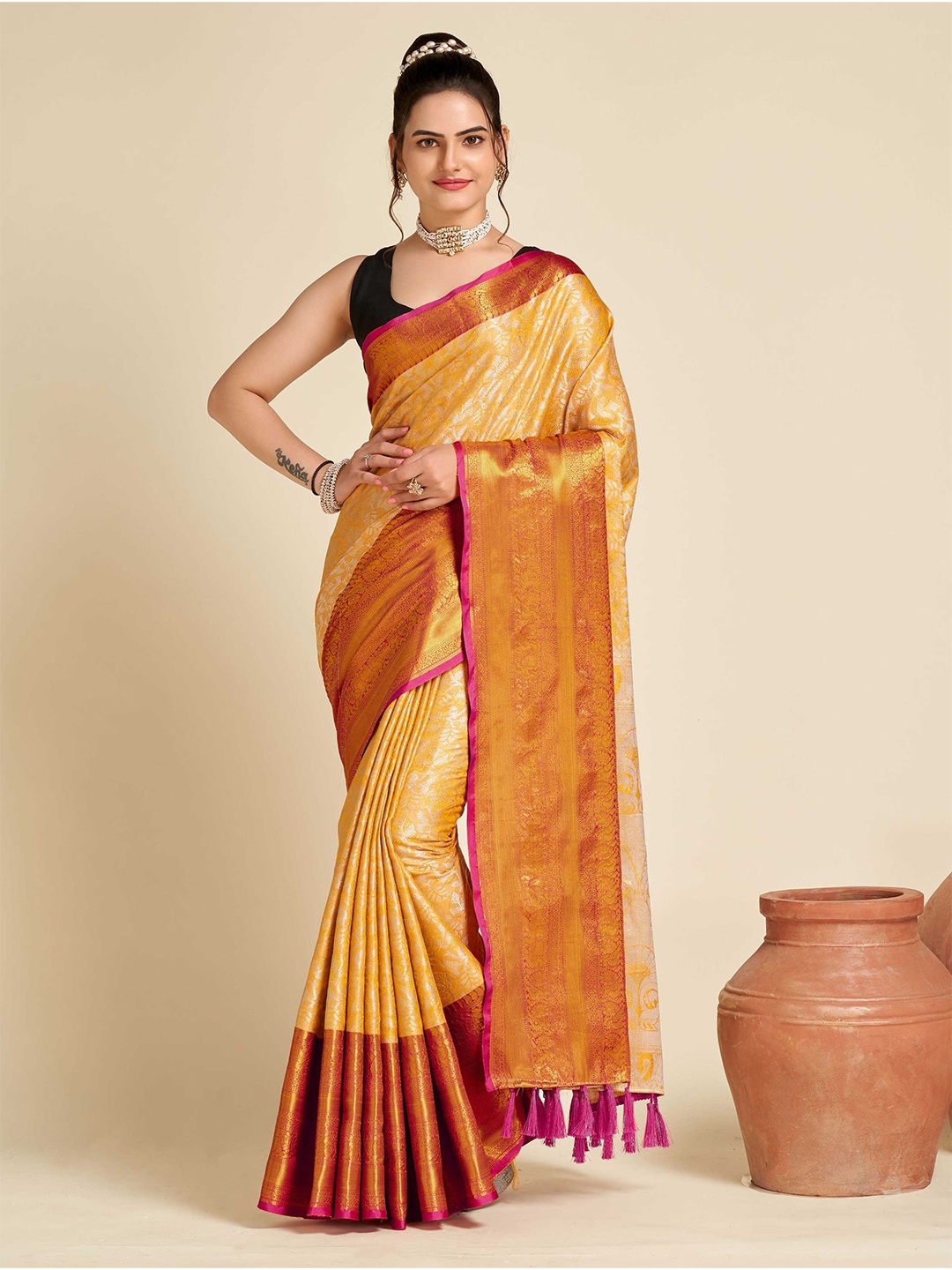 

Mitera Ethnic Motif Zari Tissue Banarasi Saree With Blouse Piece, Yellow