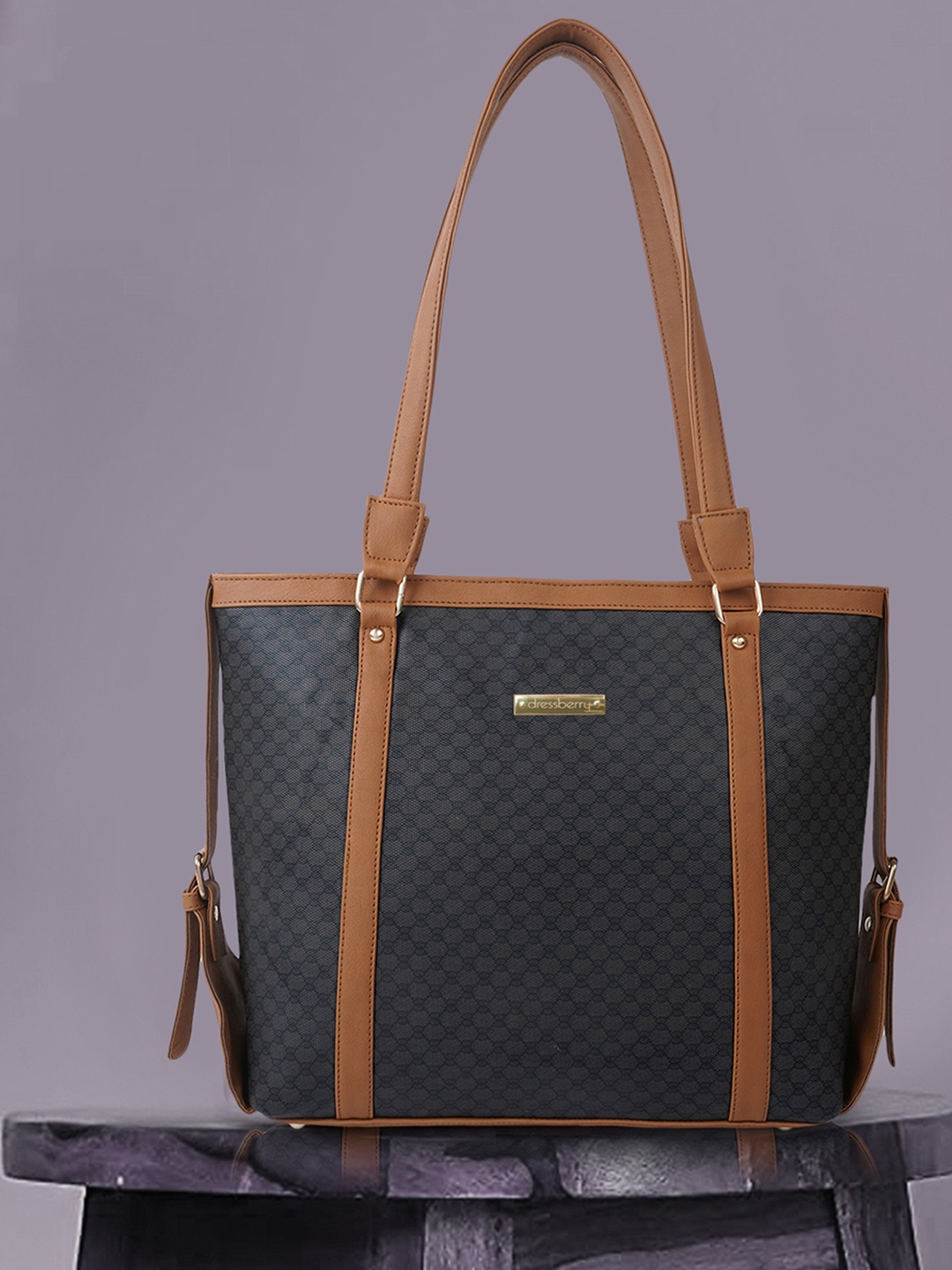 

DressBerry Black & Brown Textured Oversized Structured Shoulder Bag