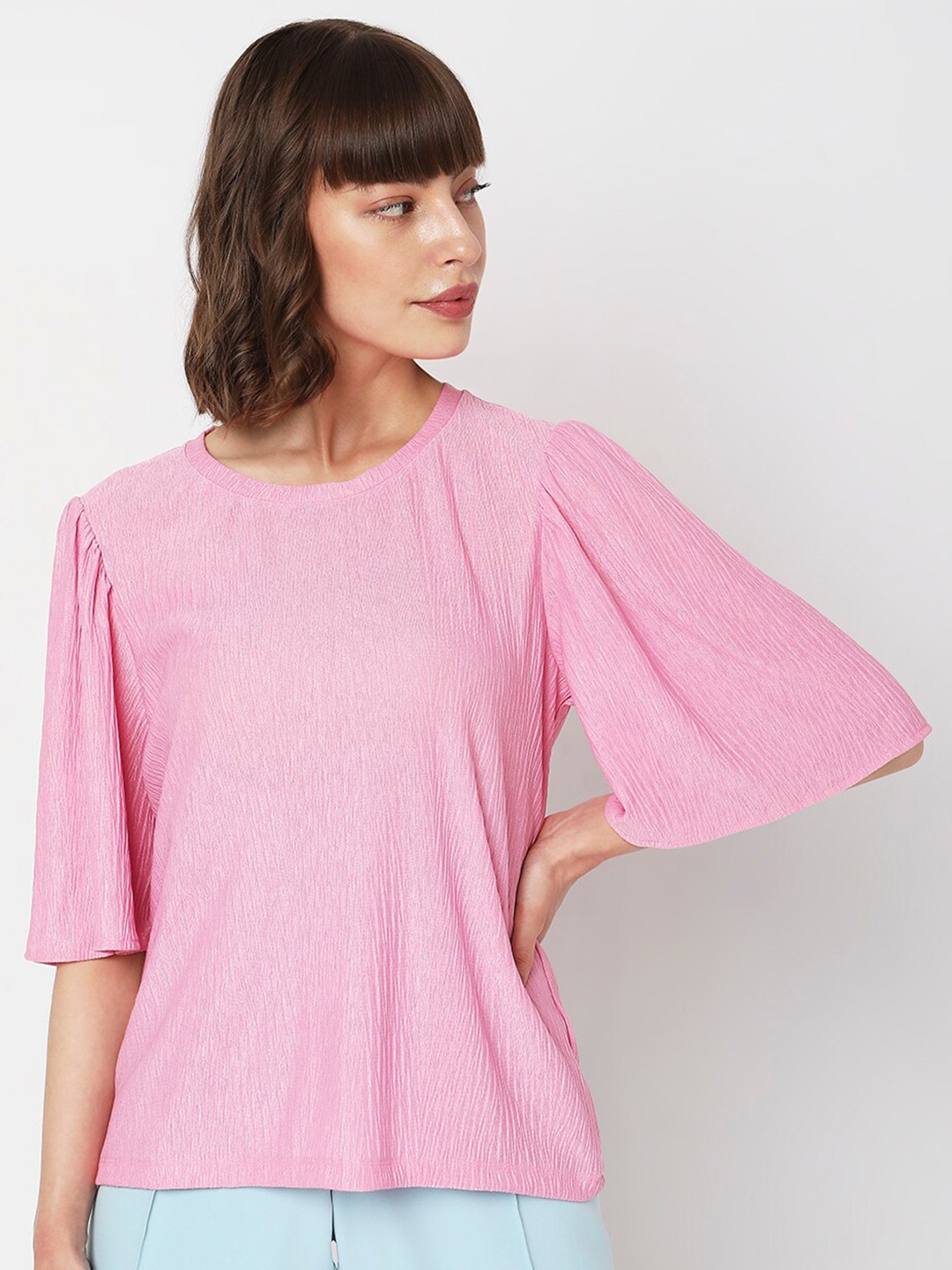 

Vero Moda Self Design Flared Sleeves Top, Pink