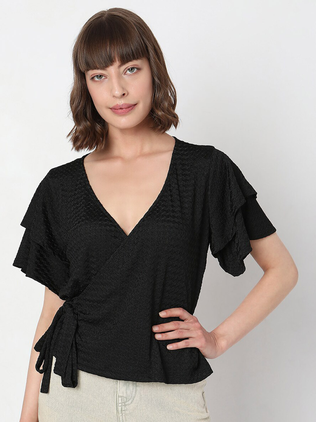 

Vero Moda Self Design Wrap Top, Black