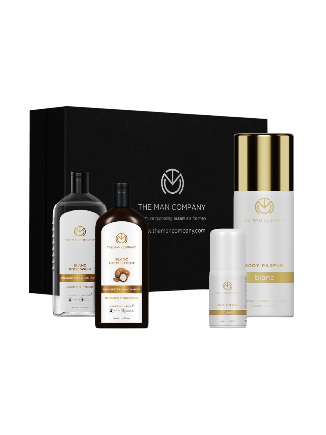 

THE MAN COMPANY Blanc Body Wash 200ml+ Body Lotion 200ml+ Roll On Deo 55ml+ Perfume 120ml, Black