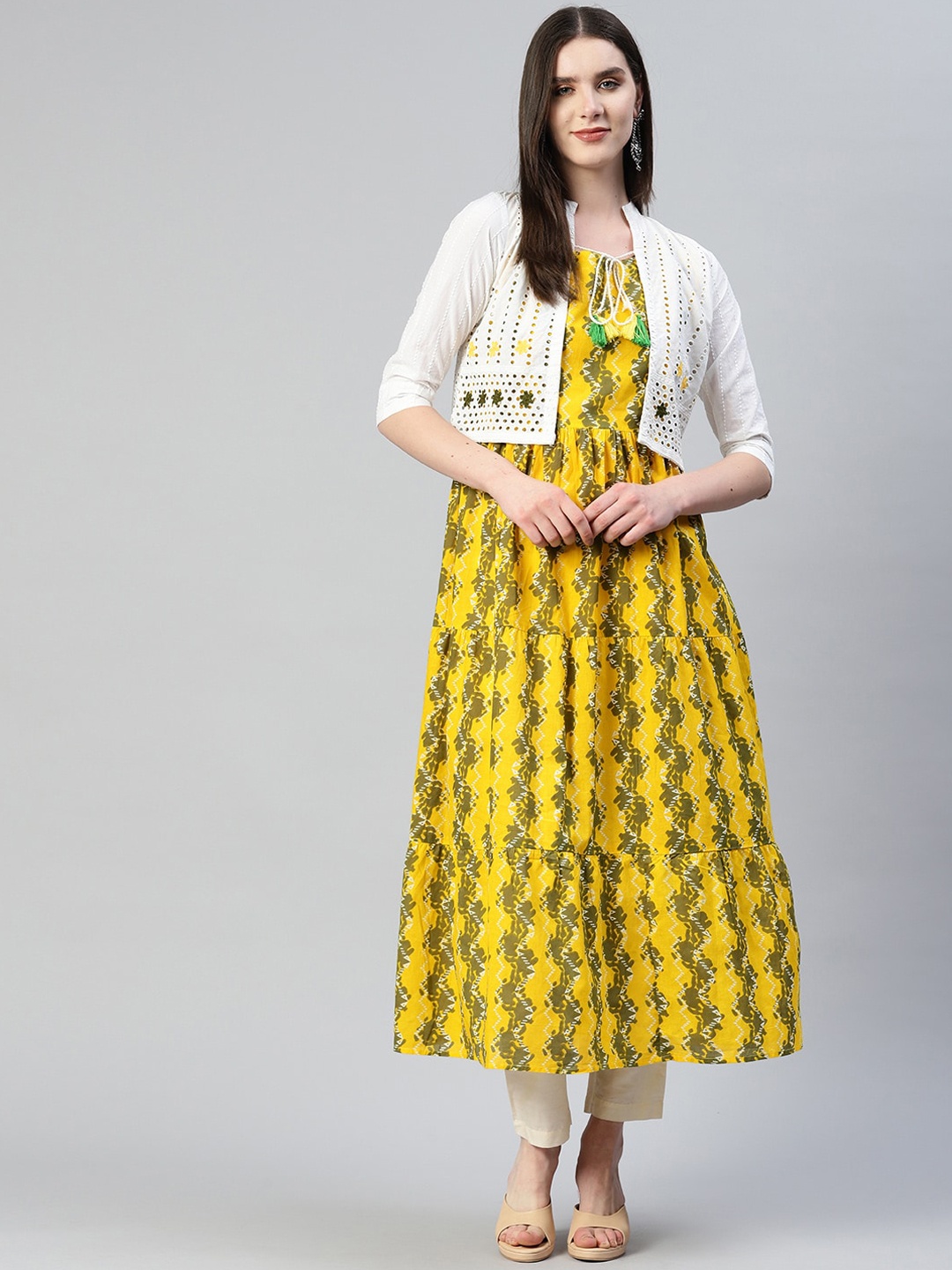 

OMASK Women Printed Cotton Tiered Anarkali Kurta with Jacket, Mustard