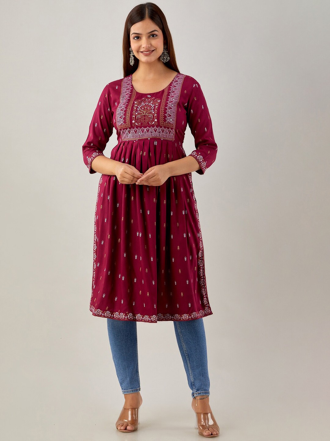 

OMASK Women Ethnic Motifs Printed Pleated Kurta, Maroon