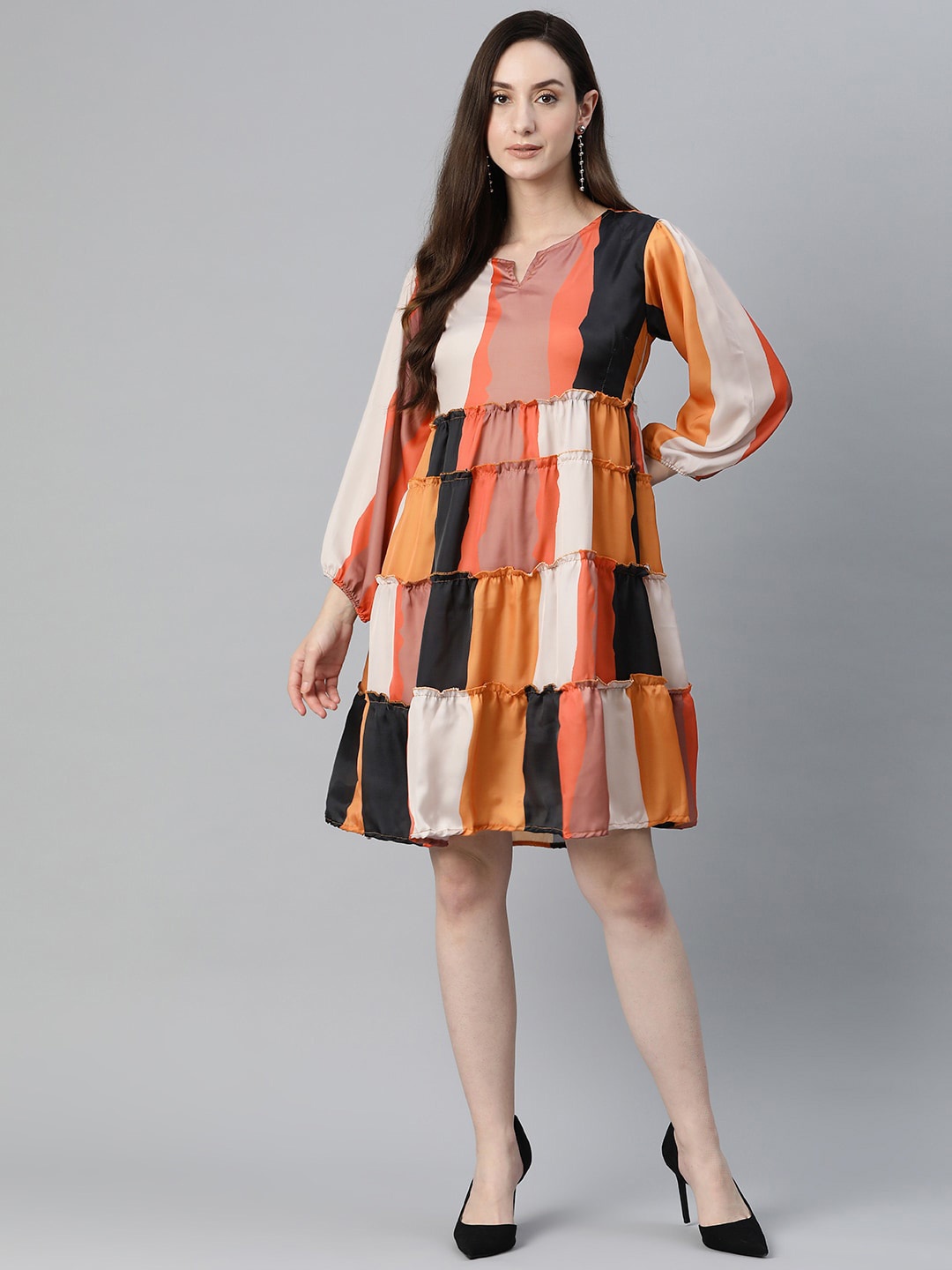 

OMASK Colourblocked Tiered Modal A-Line Dress, Brown