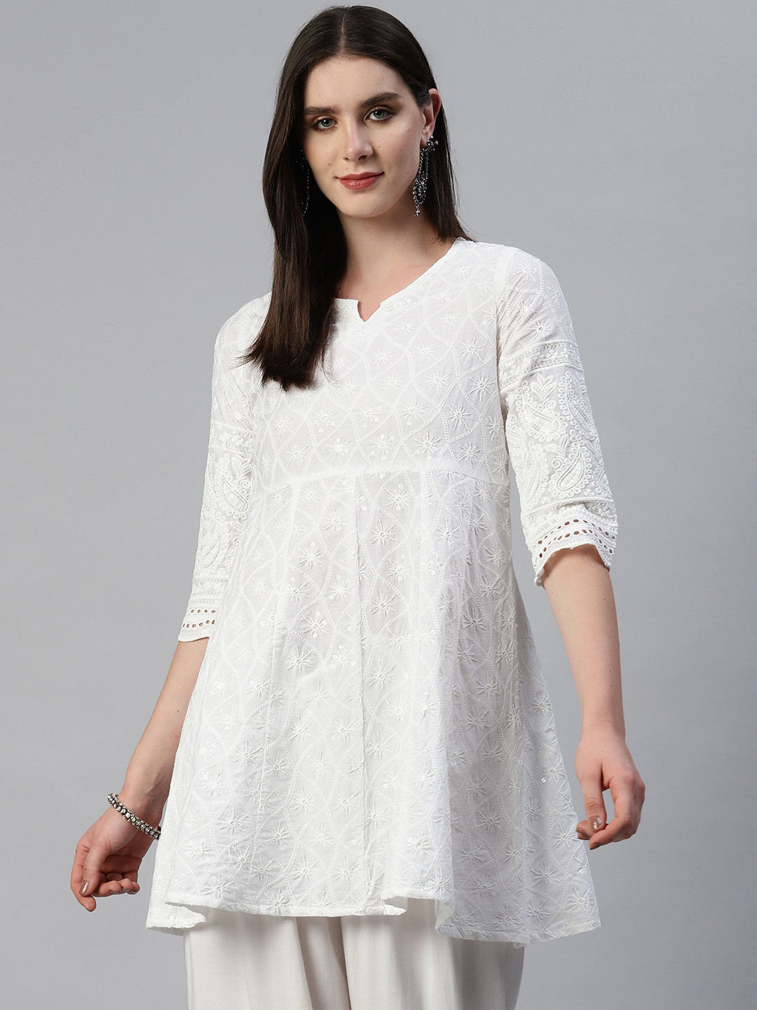 

OMASK Women Embroidered Cotton Chikankari A-line Kurta, White