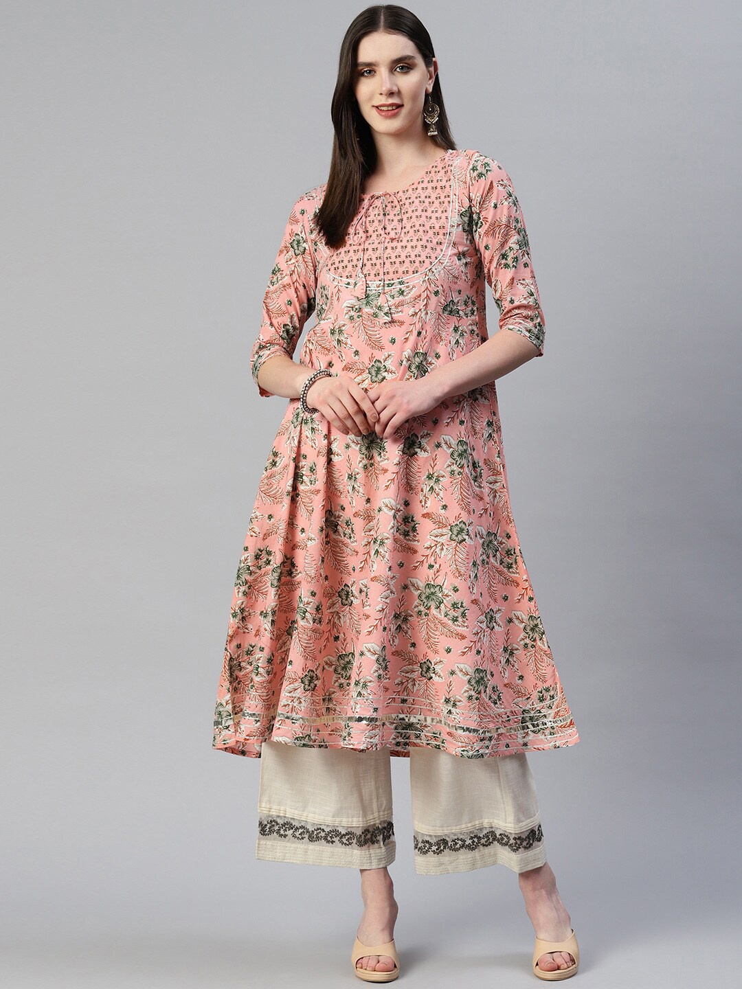 

OMASK Women Ethnic Motifs Printed Cotton Anarkali Kurta, Peach