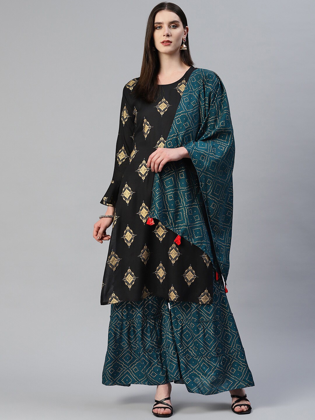 

OMASK Ethnic Motifs Printed Kurta with Sharara & Dupatta, Black