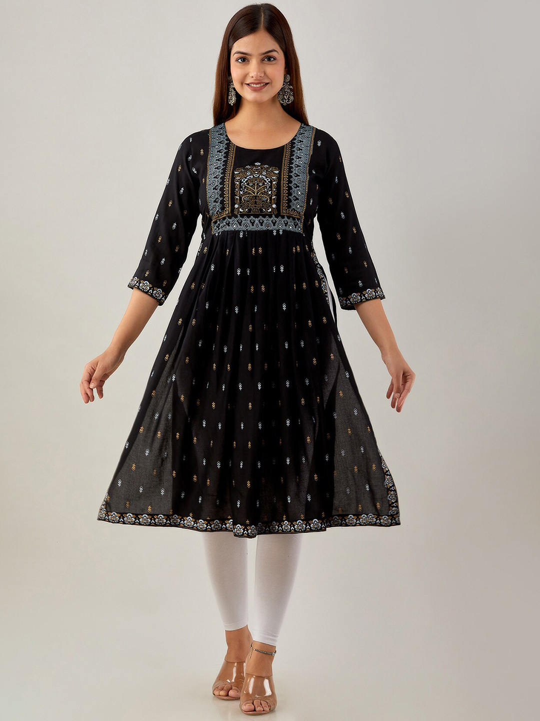 

OMASK Women Ethnic Motifs Printed A-Line Kurta, Black