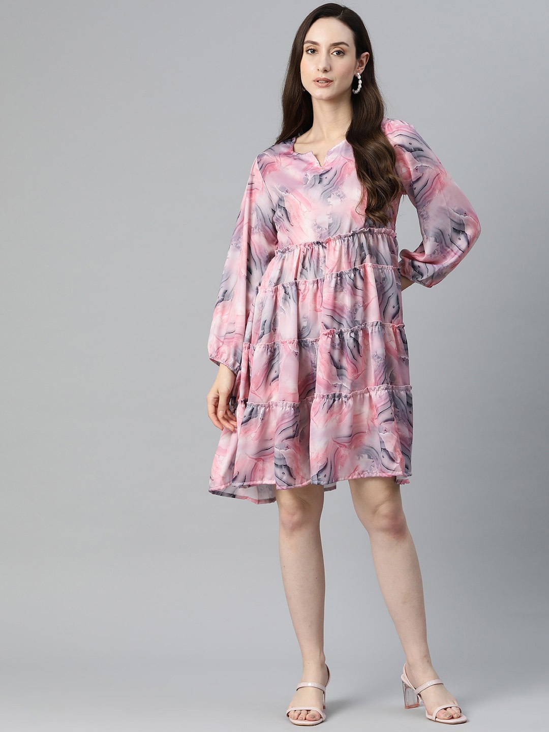 

OMASK Abstract Printed Puff Sleeve Tiered Modal A-Line Dress, Pink