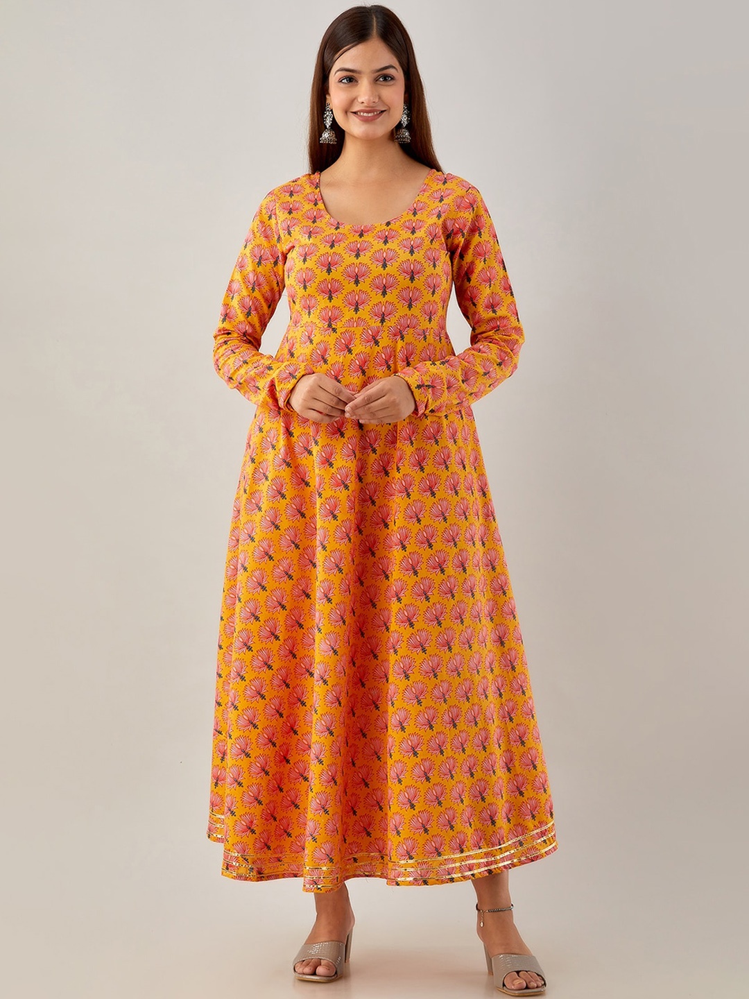 

OMASK Floral Printed Maxi Fit and Flare Pure Cotton Ethnic Dress, Orange