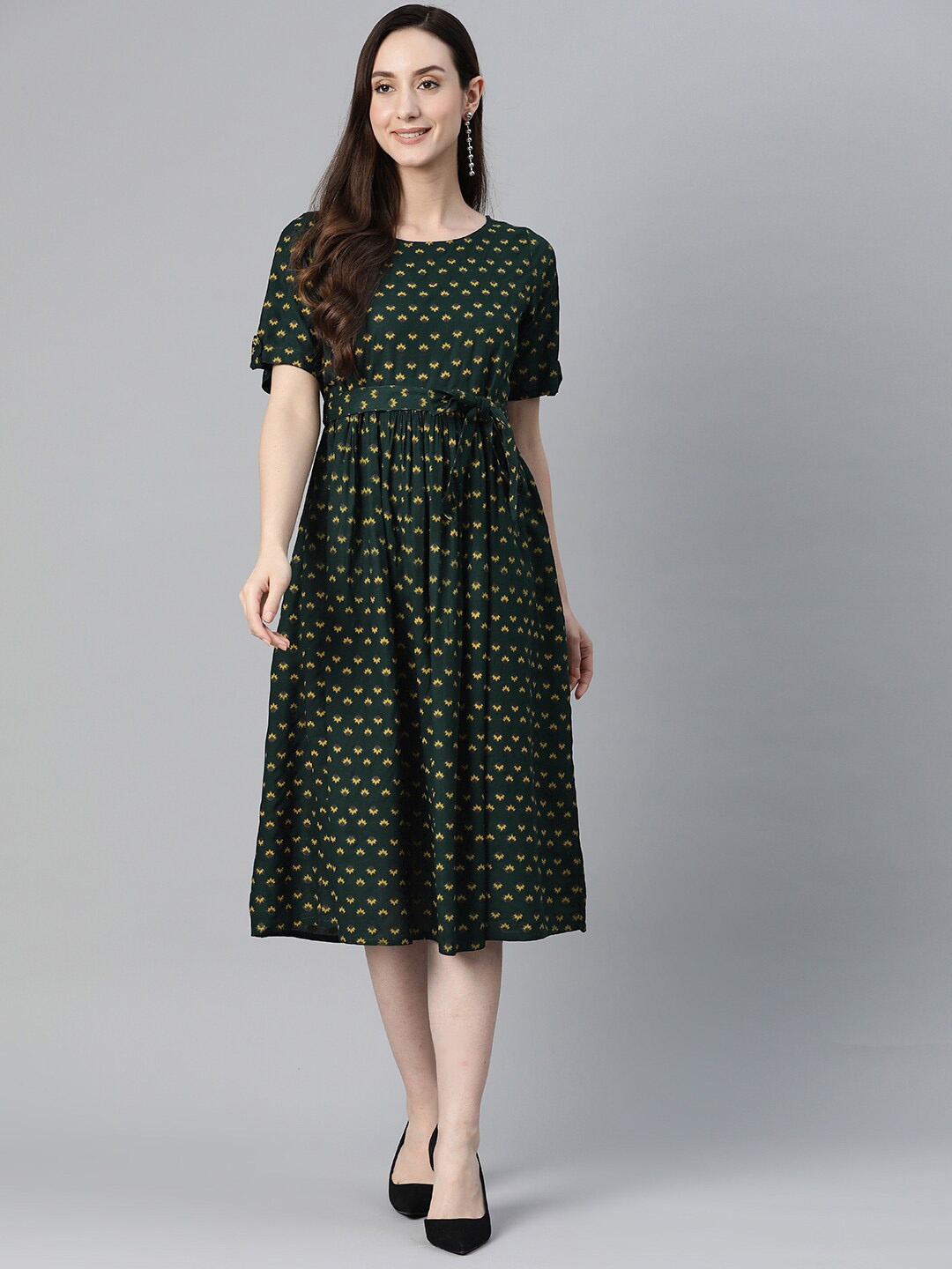 

OMASK Ethnic Motifs Printed Puff Sleeve Fit And Flare Midi Dress With Belt, Green