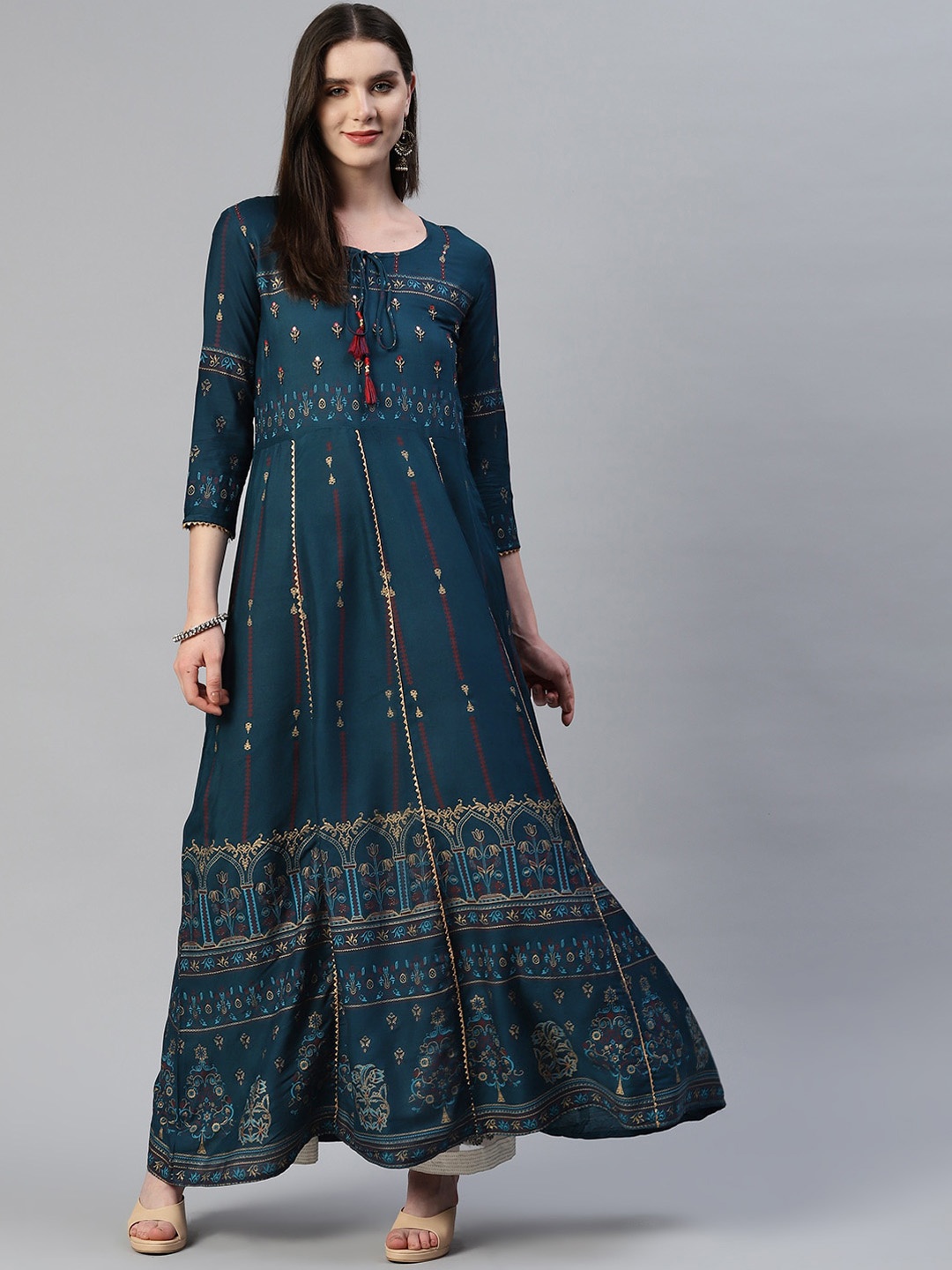 

OMASK Ethnic Motifs Printed Mirror Work Anarkali Kurta, Blue