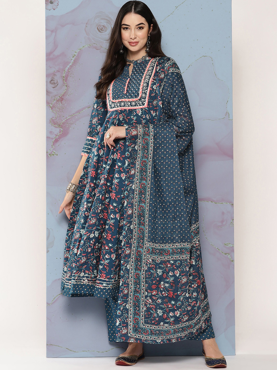 

OMASK Floral Printed Empire Gotta Patti Pure Cotton Kurta with Trousers & Dupatta, Navy blue