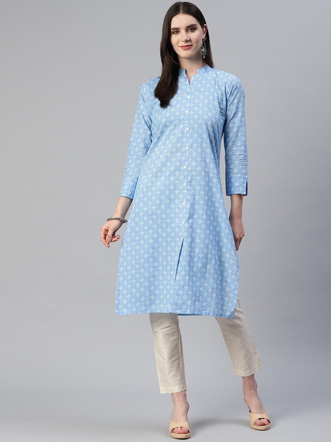 

OMASK Mandarin Collar Ethnic Motifs Printed Pure Cotton Kurta, Blue