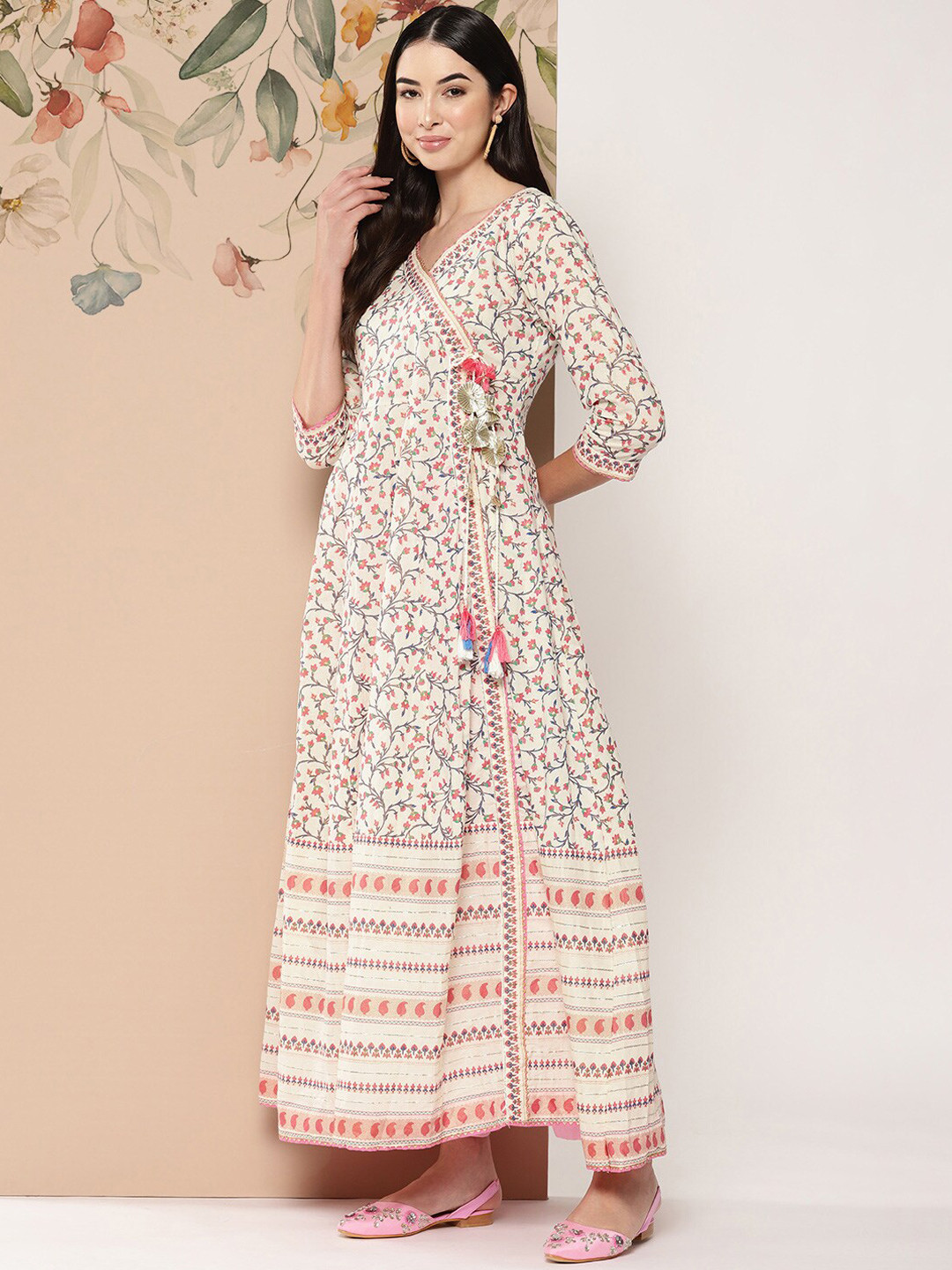 

OMASK Floral Printed Wrap Pure Cotton Ethnic Dress, White