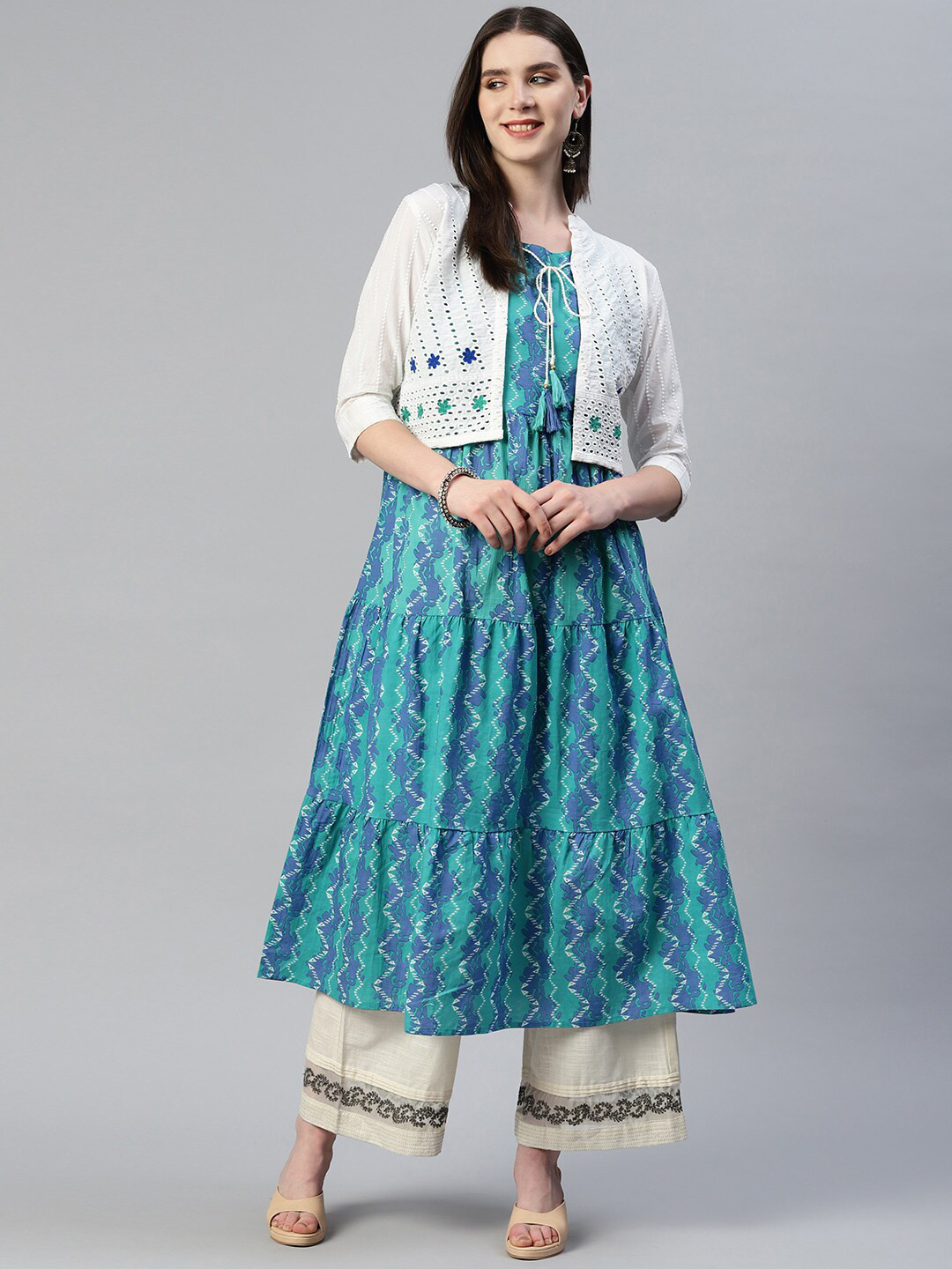 

OMASK Geometric Printed Tiered A-Line Pure Cotton Kurta with Schiffli Jacket, Turquoise blue